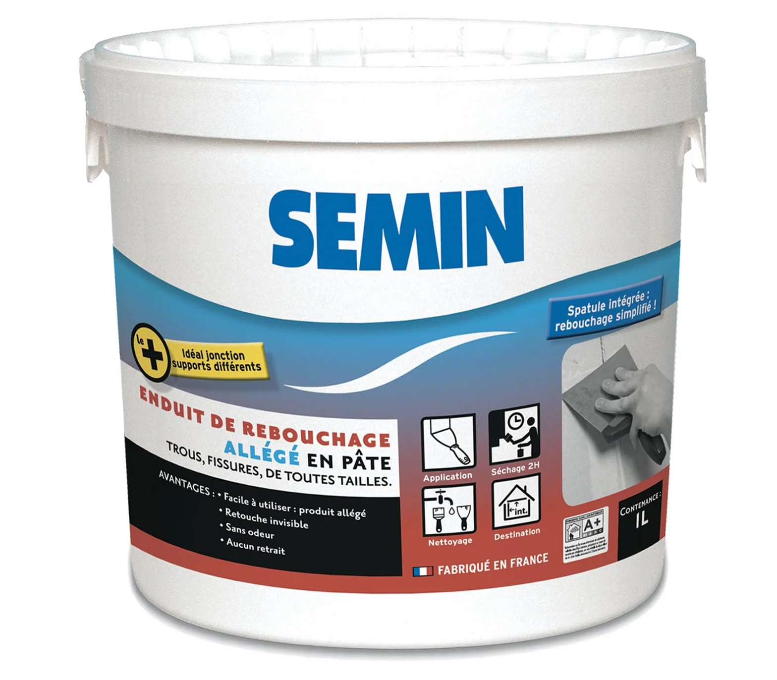 Semin SEM-LIGHT Enduit de Rebouchage Allégé 1 L – Ultra Léger, Sans Retrait & Séchage Rapide – Réparation Trous & Fissures – Intérieur Murs & Plafonds – Blanc Mat – Spatule Intégrée