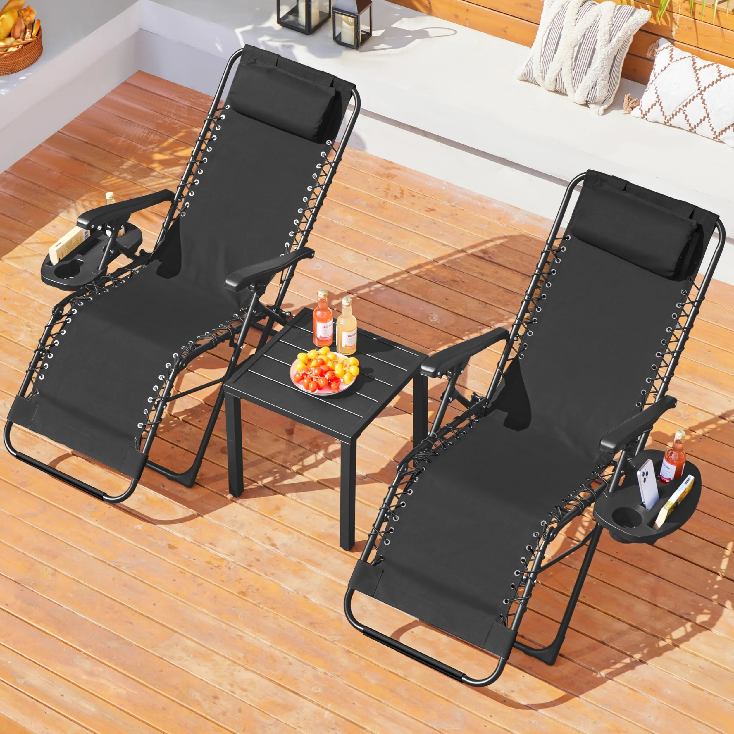 Transat en Textilène avec Plateau Amovible, Lot de 2 Chaise Longue Pliante Zéro Gravité Inclinable, Fauteuil Relax pour Bain de Soleil, Charge 114kg Noir