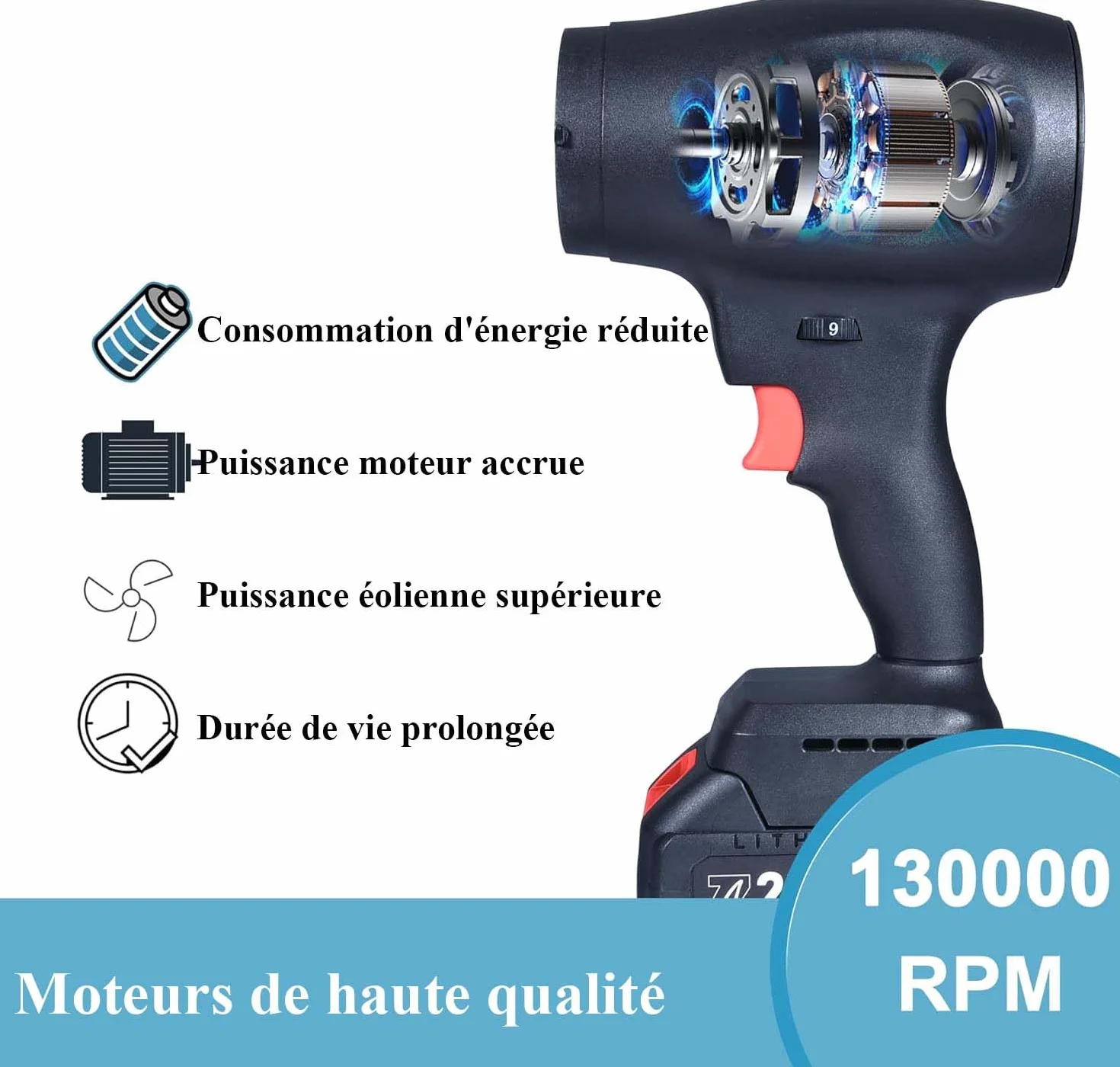 Souffleur de Turbo sans Fil 130 000 TR/Min 4000mAh sans Balais avec Buse Prolongée