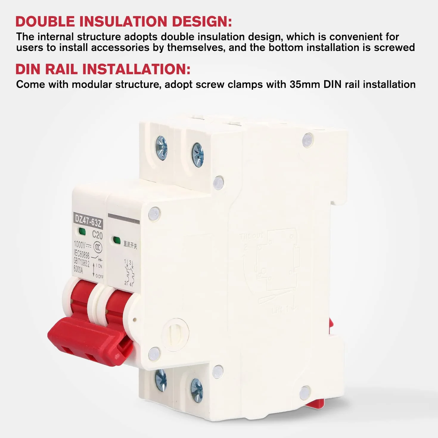 Disjoncteur Miniature 1000V DC 20A 2P Din Rail Mount Protection Contre Les Surcharges à Domicile Interrupteur D'air pour Lignes de Distribution D'éclairage Résidentiel Système PV Solaire