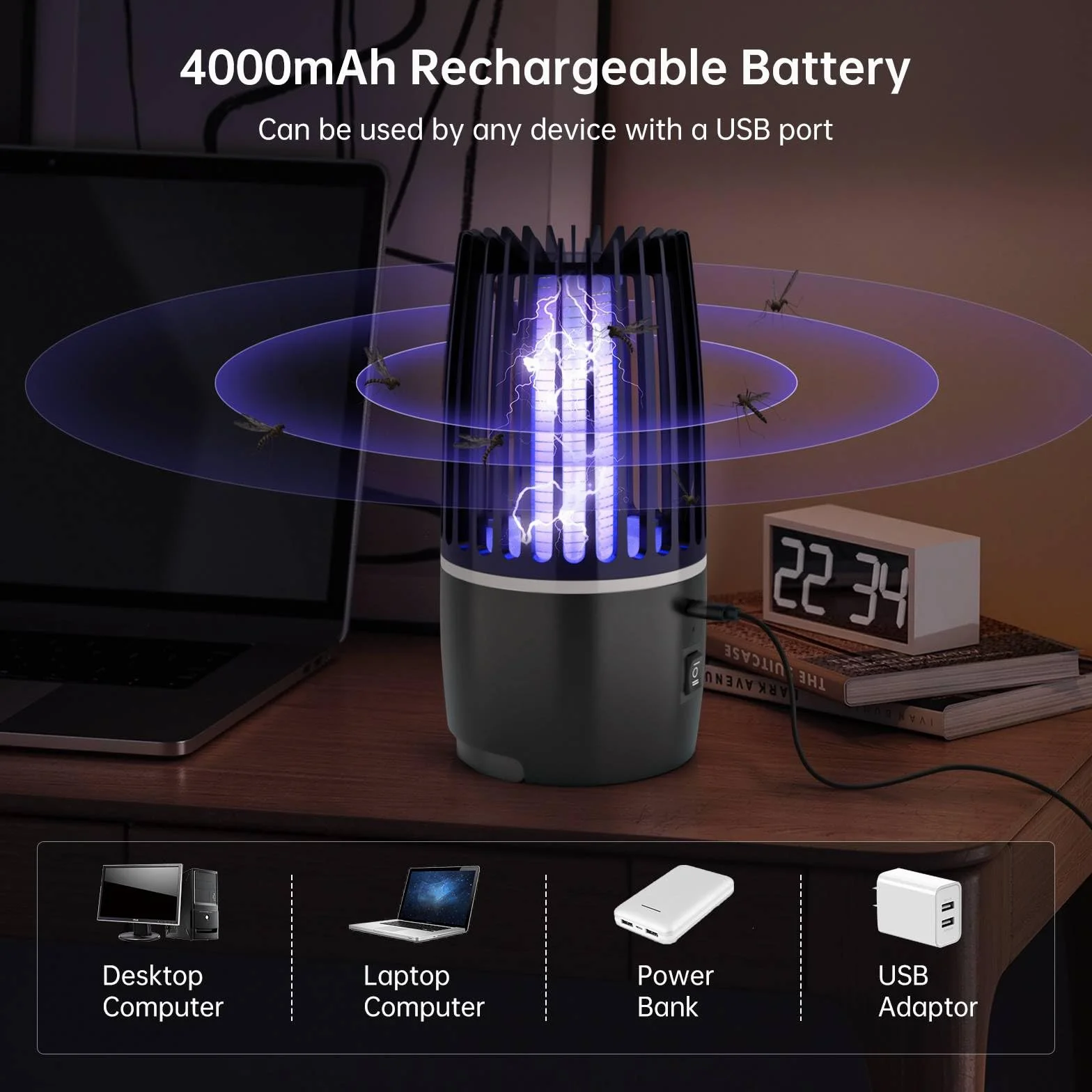 Lampe Anti Moustique UV Électrique 4000mAh Rechargeable Tueur d'Insectes LED