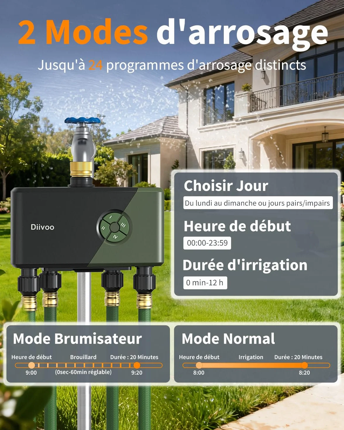Diivoo Programmateur Arrosage Automatique WiFi 4 Voies Entrée Laiton Compatible Alexa Google Assistant