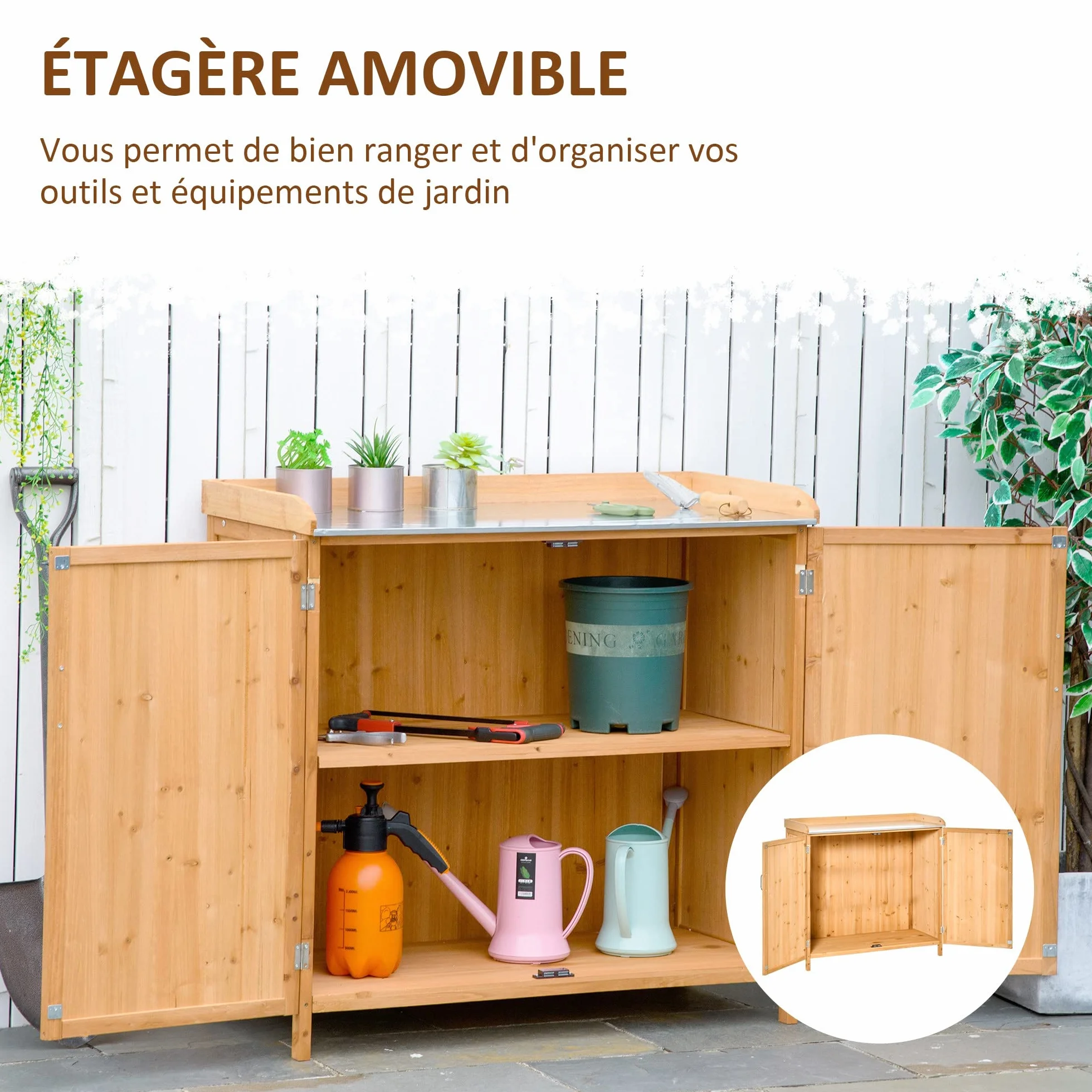 Outsunny Armoire de Jardin sur Pied Table de rempotage 2 en 1 Acier galvanisé Bois de cèdre