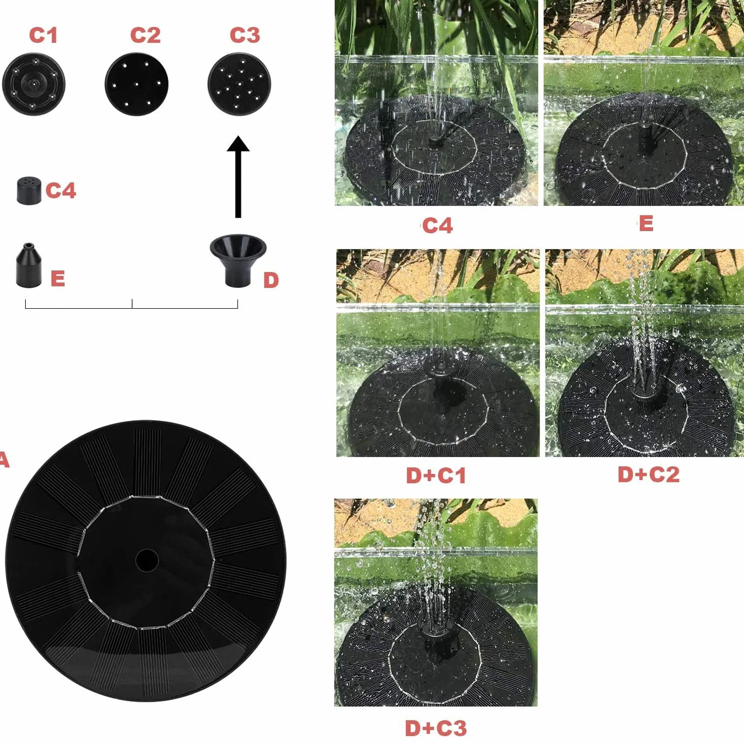 Fontaine Solaire Pompe de Bassin avec 5 Effets Flottante pour Étang Jardin Oiseaux