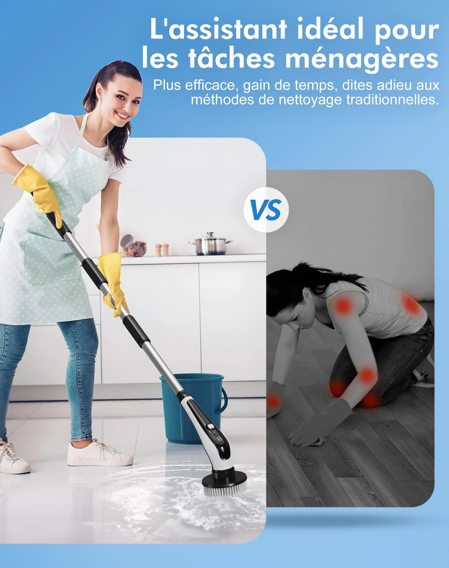 Brosse Rotative Nettoyage avec 9 Têtes, Manche Extensible 2 Vitesses, Batterie 3000mAh, Brosse Nettoyage Electrique étanche IPX8 pour Salle de Bain, Cuisine et Voiture