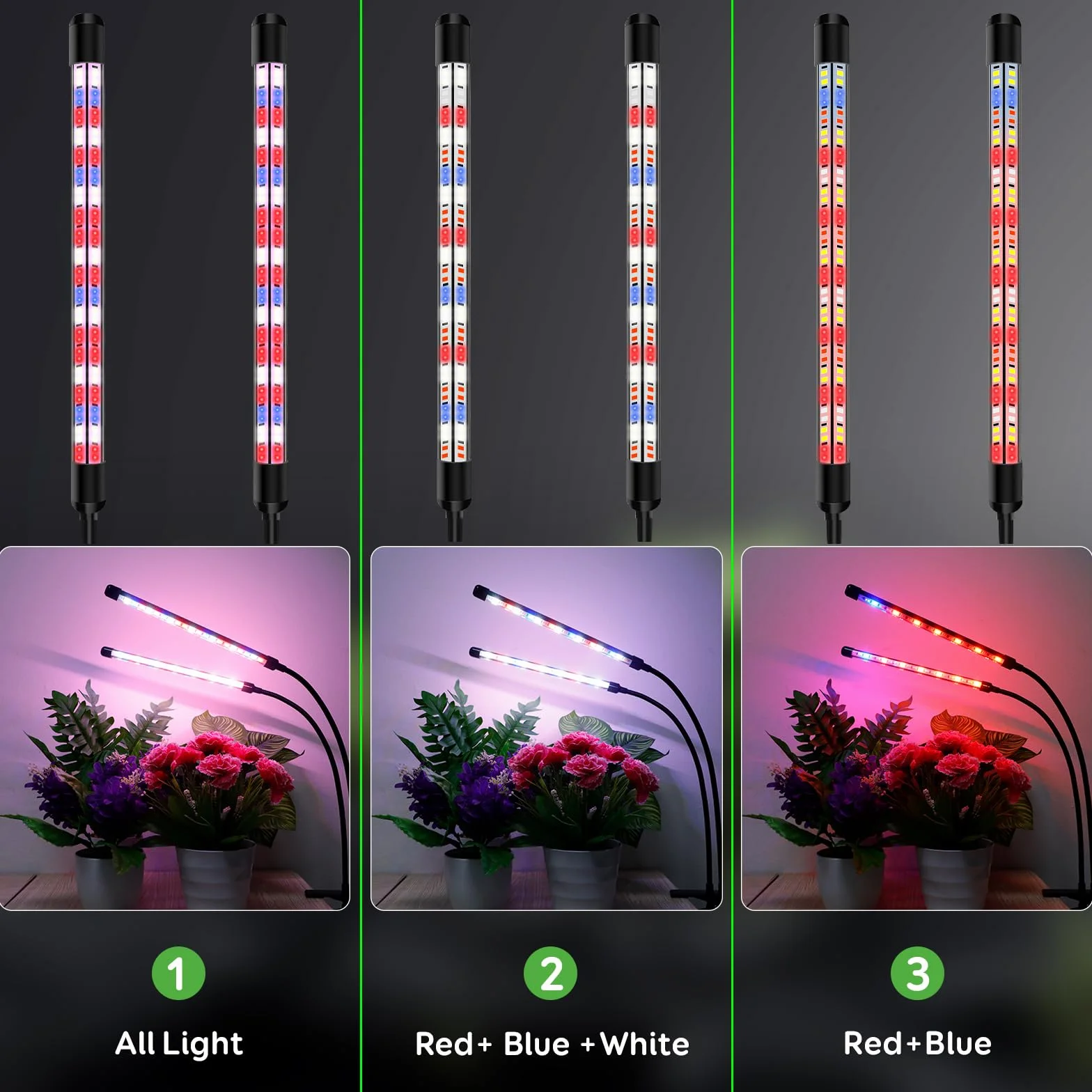 Lampe de Croissance LED 2 Têtes, Spectre Complet, Minuteur, 3 Modes de Couleur, 5 Niveaux de Dimming, Plantes d'Intérieur (Rouge+Bleu)