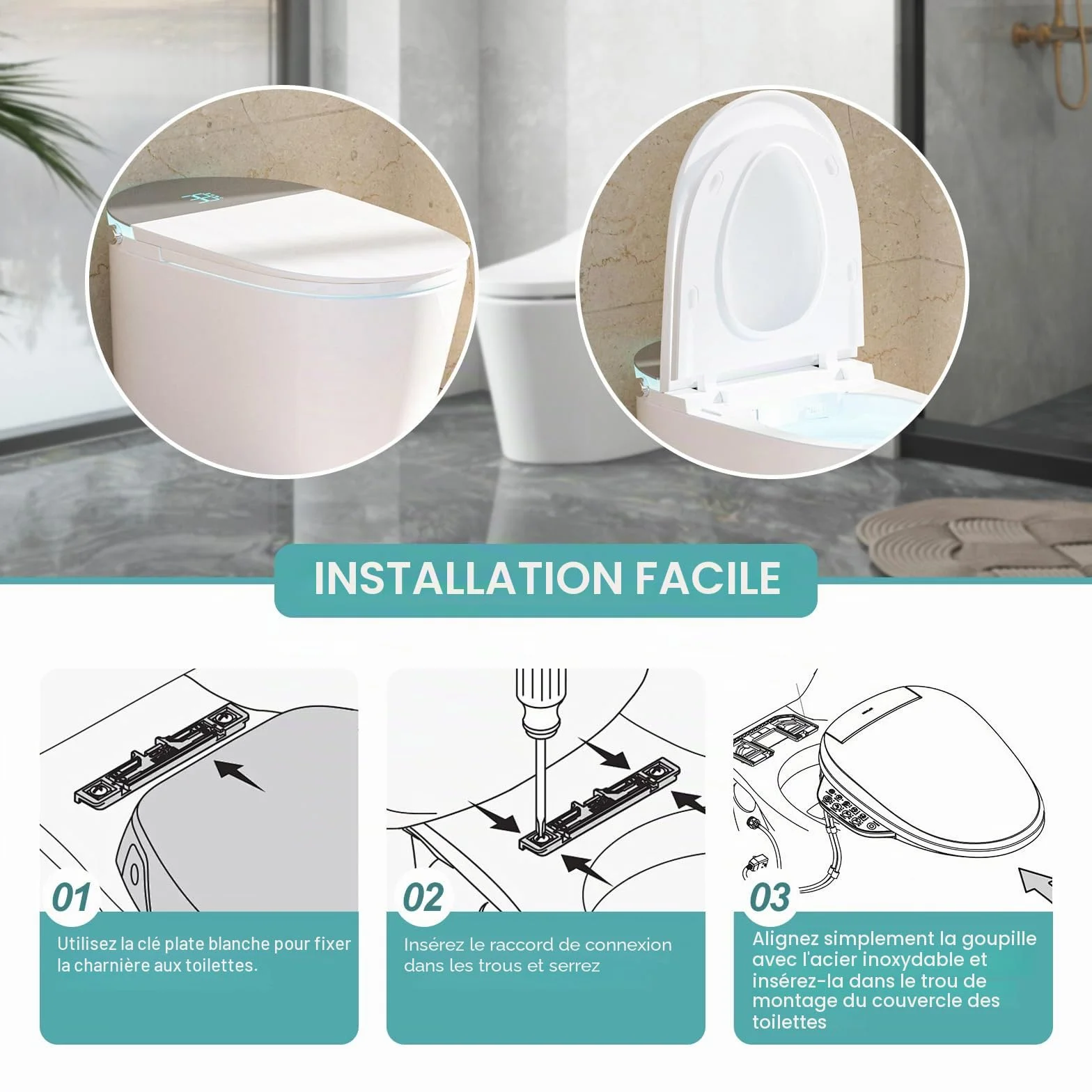 Charnières de Siège de Toilette en Acier Inoxydable, 2 Pièces Dos au Mur pour Abattant de Toilette, Rechange pour Bureau (B)