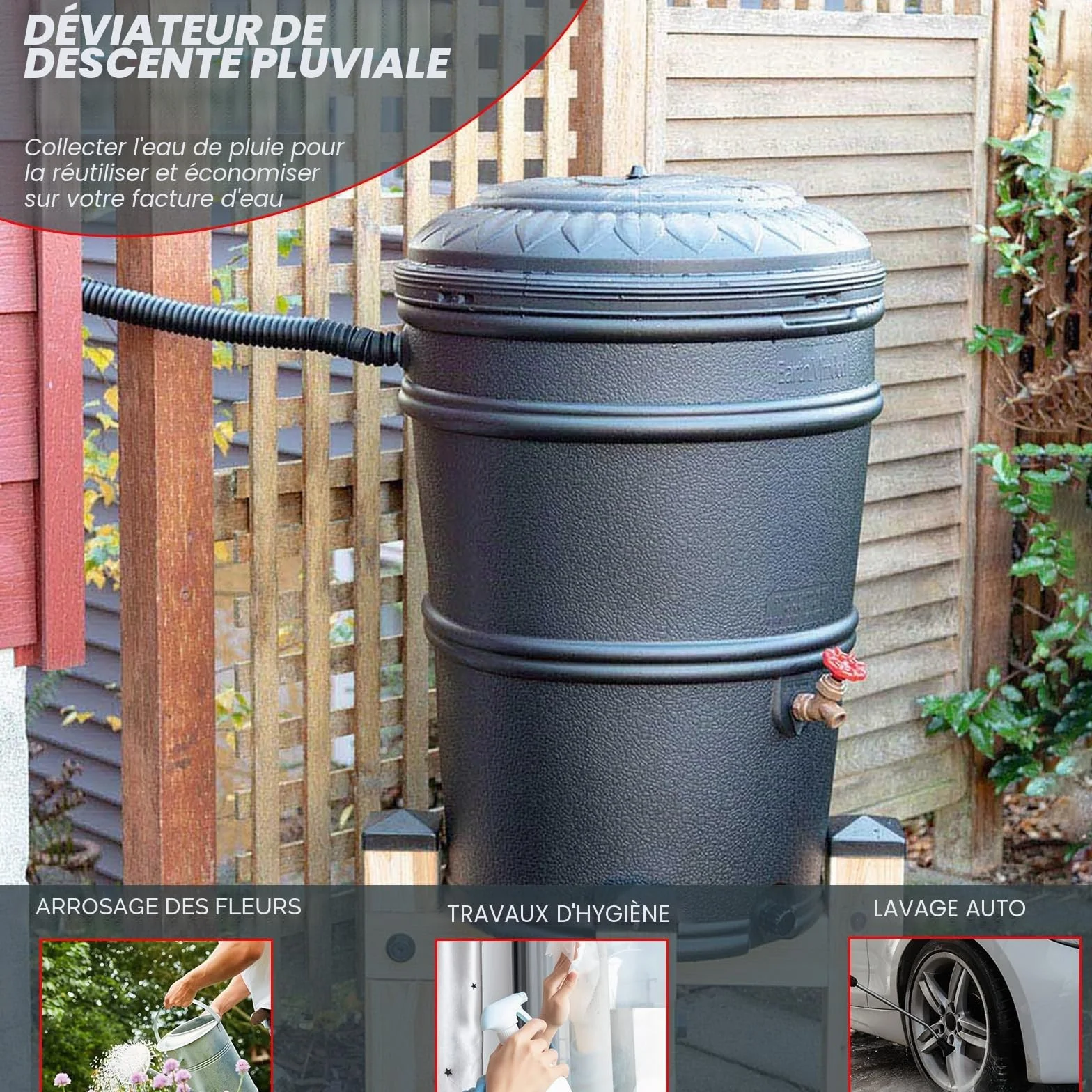 Recuperateur d Eau de Pluie pour Tuyau de Descente Ø 70-110mm, Collecteur Eau de Pluie Gouttiere, Toitures Jusqu'à 80 m², Tuyau 1 Mètre