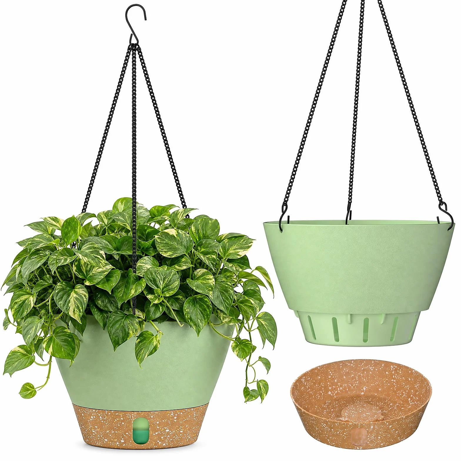 ZMTECH Pot de Fleurs Suspendu 20 cm avec Plateau à Niveau d'Eau Visible, Drainage, Soucoupe, Vert, Lot de 2