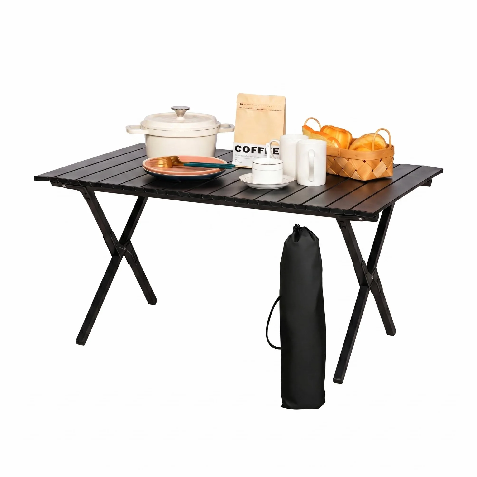 Table de Camping Pliable 89 x 58 cm avec Sac de Transport, Noir, pour 4-6 Personnes