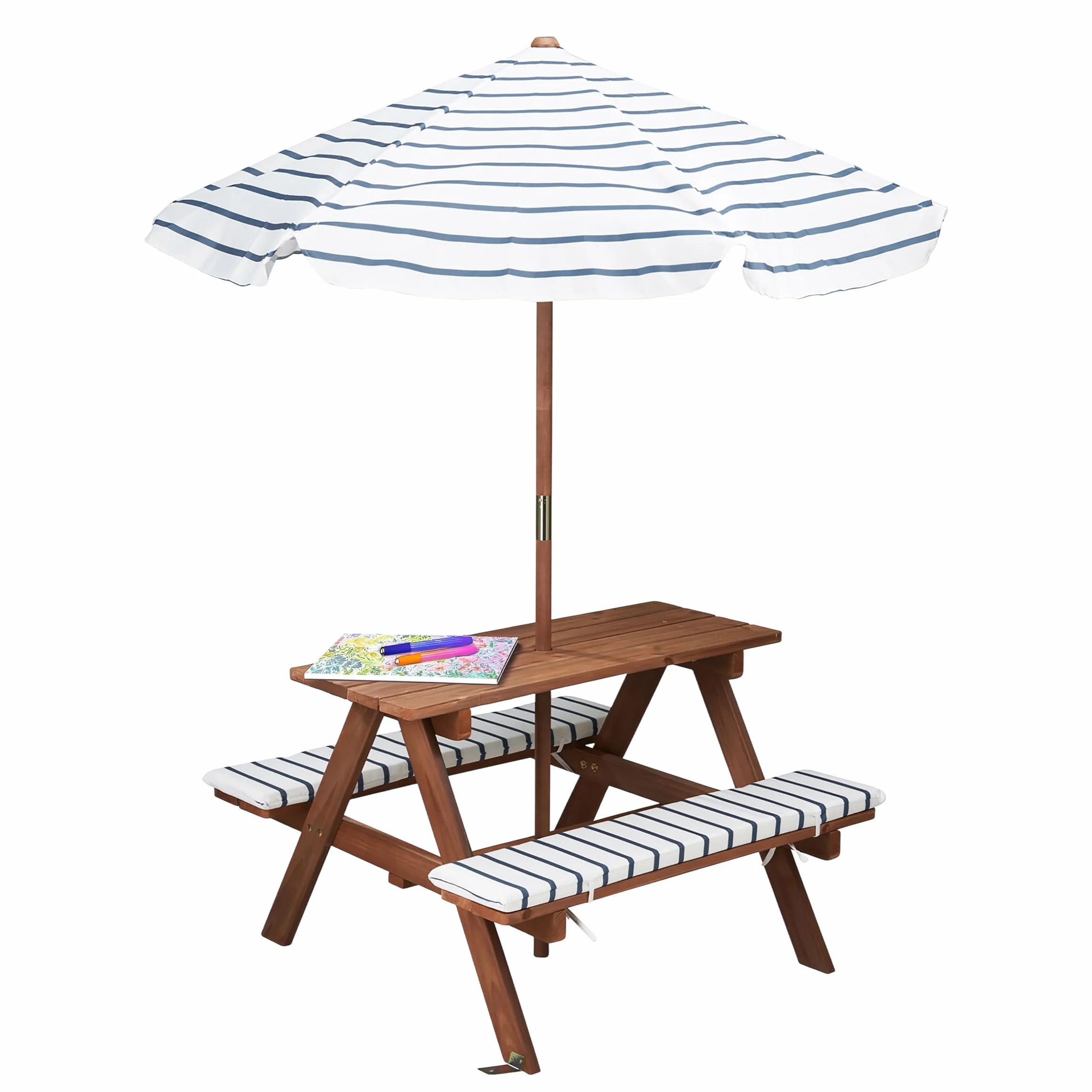 Table de pique-nique en bois pour enfants 75 x 75 cm avec parasol et coussins résistant jusqu'à 80 kg