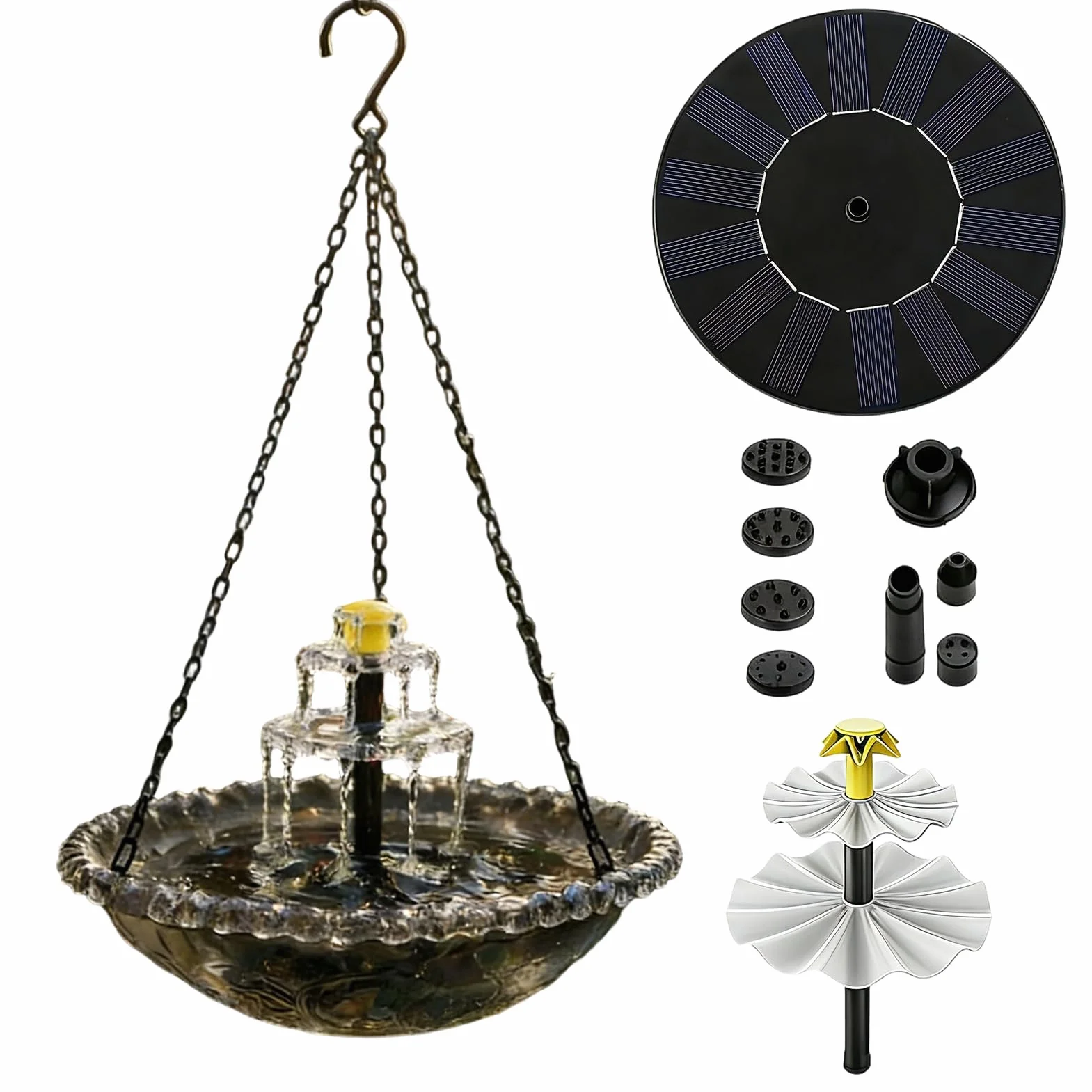 Fontaine Solaire pour Oiseaux avec Pompe et Gicleur, Bain d'Oiseau Solaire pour Jardin Extérieur
