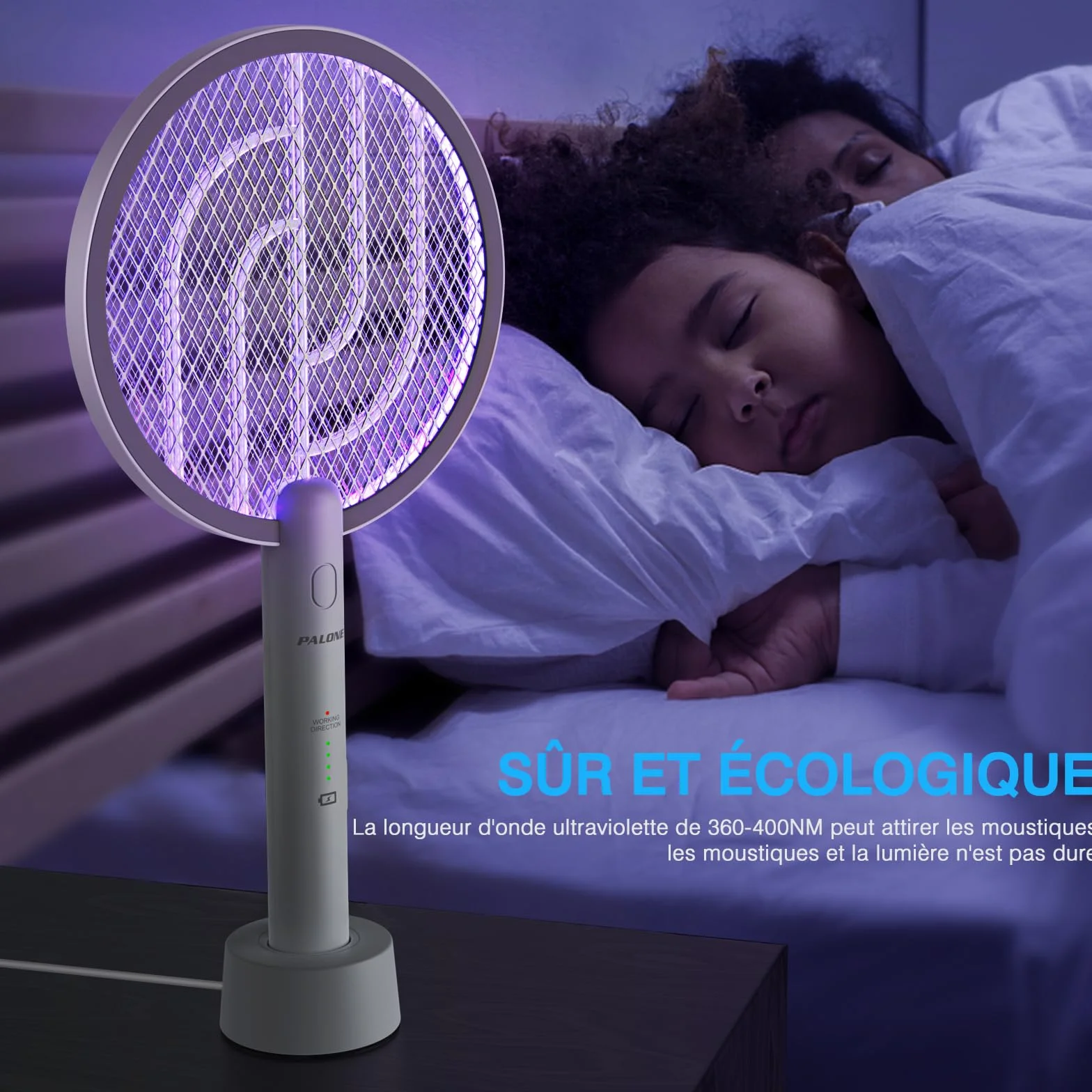 PALONE Raquette Electrique Insectes 4000V Rechargeable USB Anti Moustique Intérieur Extérieur Blanc
