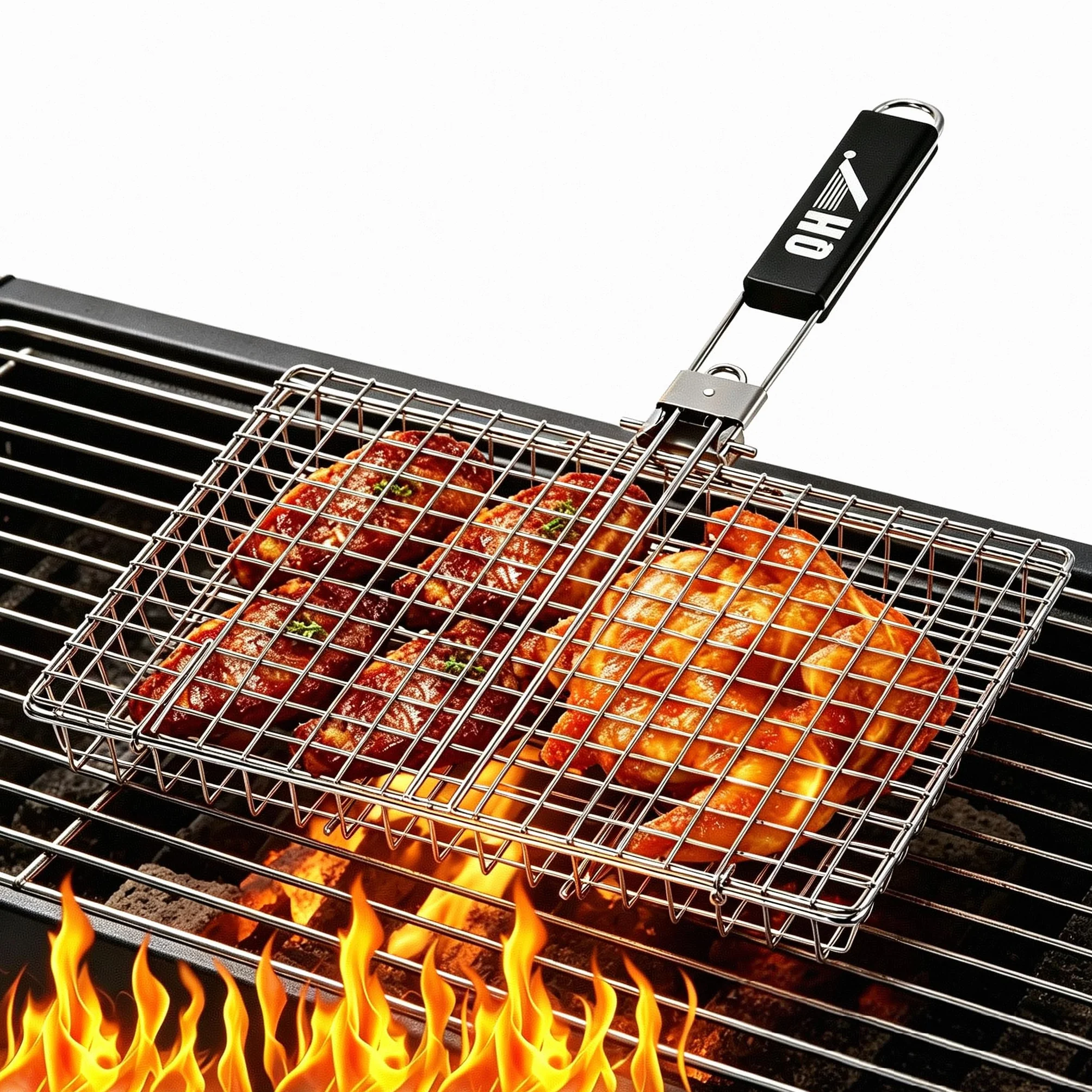 Panier de barbecue en acier inoxydable pliable et portable avec poignée amovible pour camping