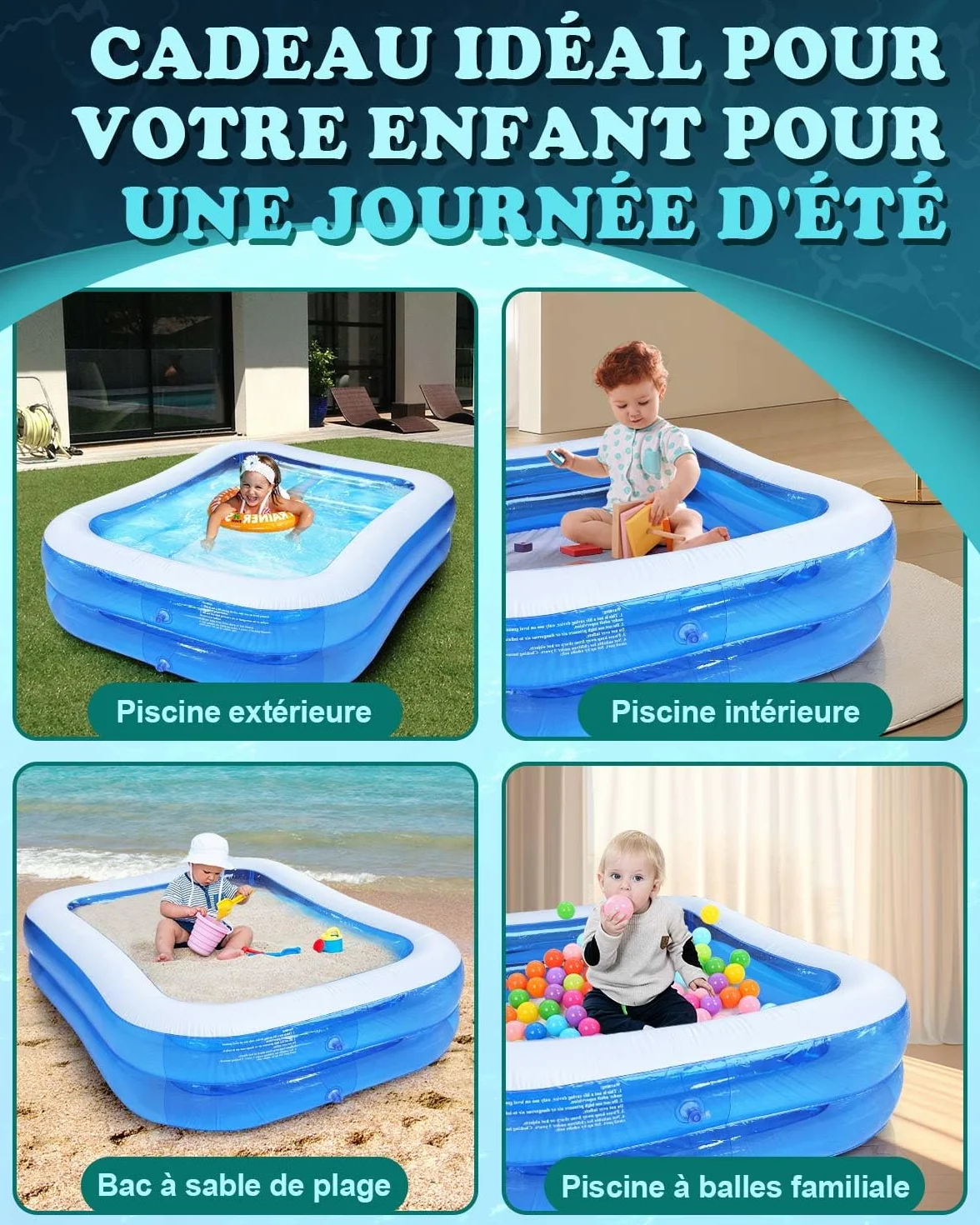 Piscine Gonflable Rectangulaire 200 x 150 x 50 cm PVC Épais Résistant Double Couche Enfant Adulte Jardin