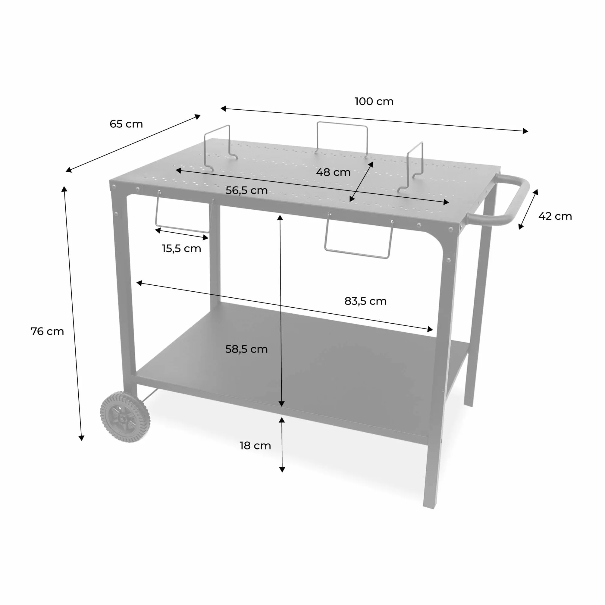Alice's Garden Desserte extérieure Noire en Acier modulable pour plancha avec Deux Roues