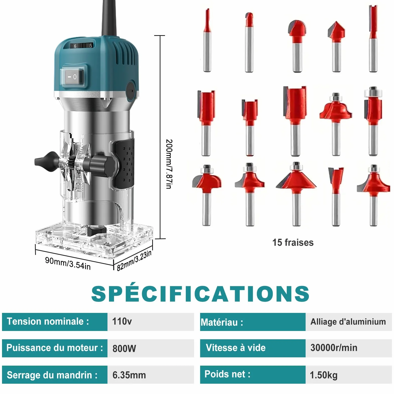 Fraiseuse verticale 800 W, défonceuse électrique pour bois, 30 000 tr/min Fraiseuse électrique à 6 vitesses variables avec 15 fraises à rainurer pour chanfreiner, rainurer, fraiser, poinçonner