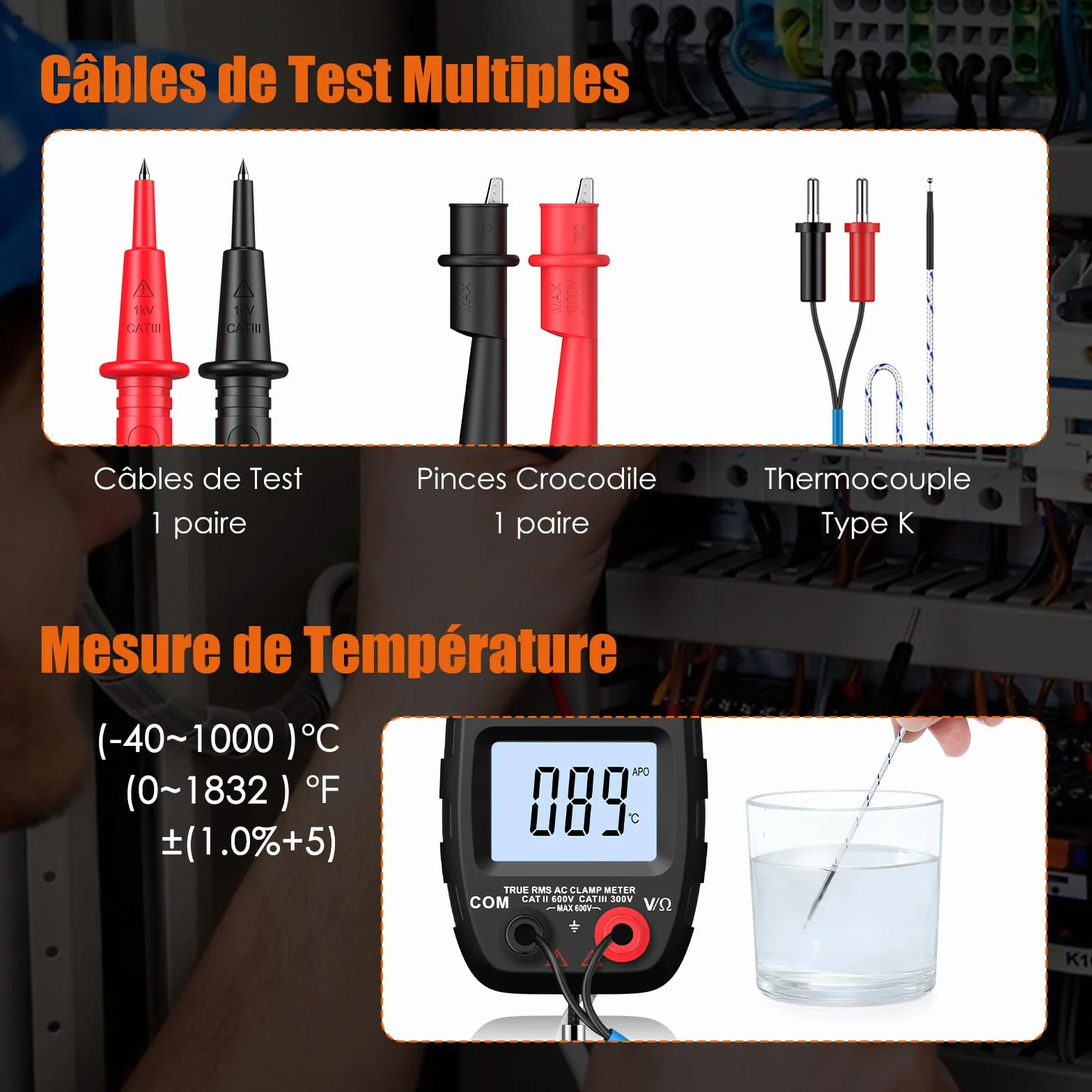 Proster 600A Pince Ampèremétrique Numérique NCV, 2000count Multimetre Professionnel TRMS Pince Multimètre Courant AC Tension AC/DC NCV Continuité Résistance Température Diode Hz