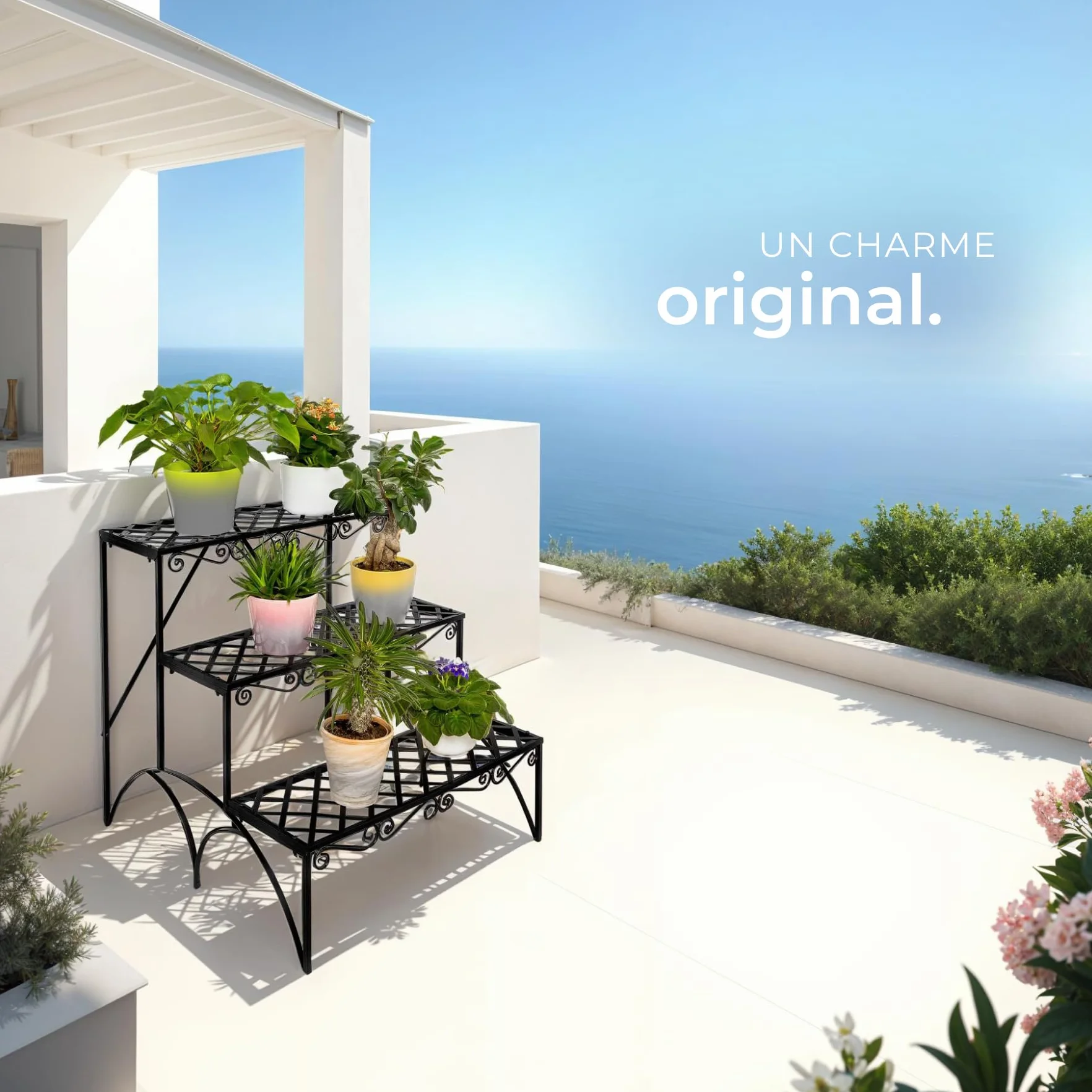 Tectake Étagère escalier droite Porte plante 3 niveaux métal 60 x 60 x 60cm Charge max 30kg