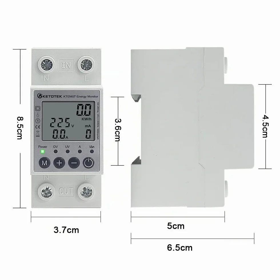 KETOTEK Compteur électrique Monophasé AC 63A 220V Compteur D'énergie Numérique Rail DIN Mesure Consommation Electrique 1 Phasé KWh Voltmètre Ampèremètre