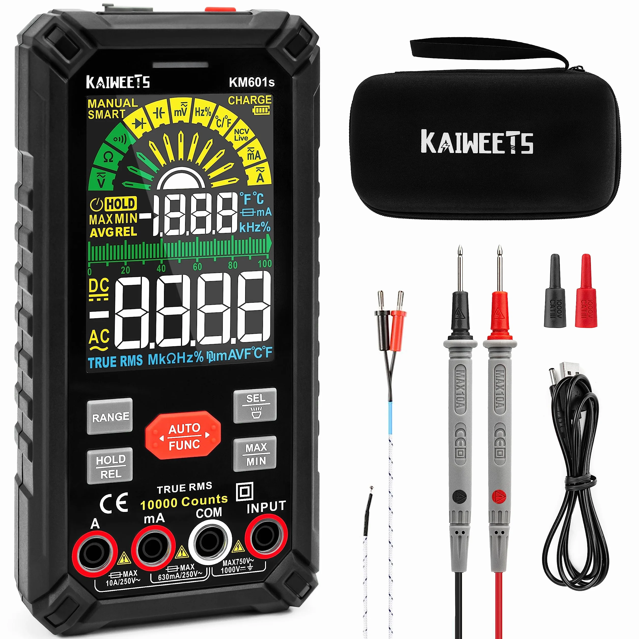 KAIWEETS Multimètre Automatique Rechargeable 10000 Comptes, Multimètre Numérique Professionnel, Testeur Electrique, Mesure de Courant Tension Résistance Continuité Capacité Diode Fréquence