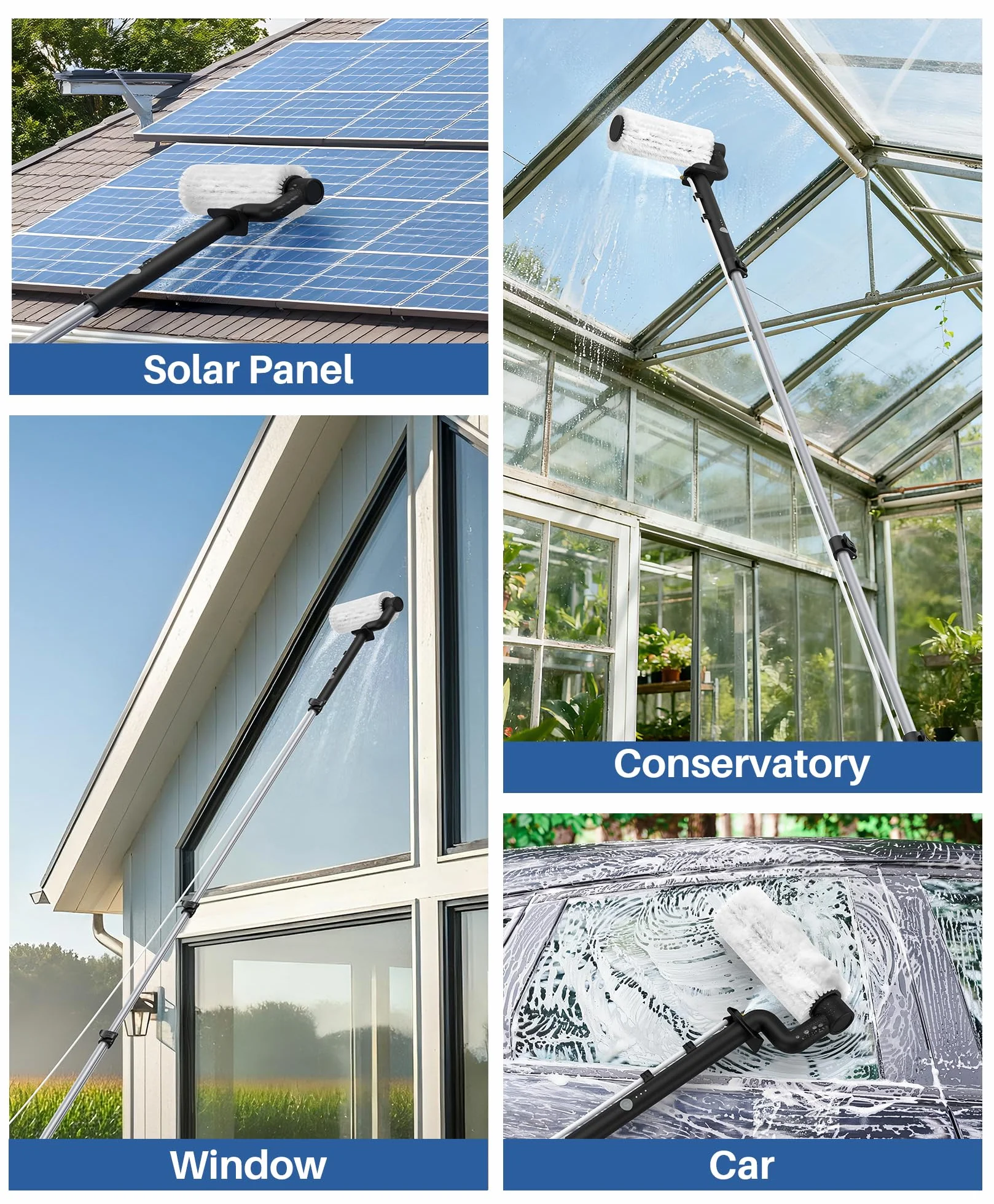 LyriFine Kit de nettoyage pour panneaux solaires électriques, poteau extensible pour le nettoyage des fenêtres de 6 mètres avec tige télescopique à 5 étages, brosse de nettoyage de fenêtre à 2
