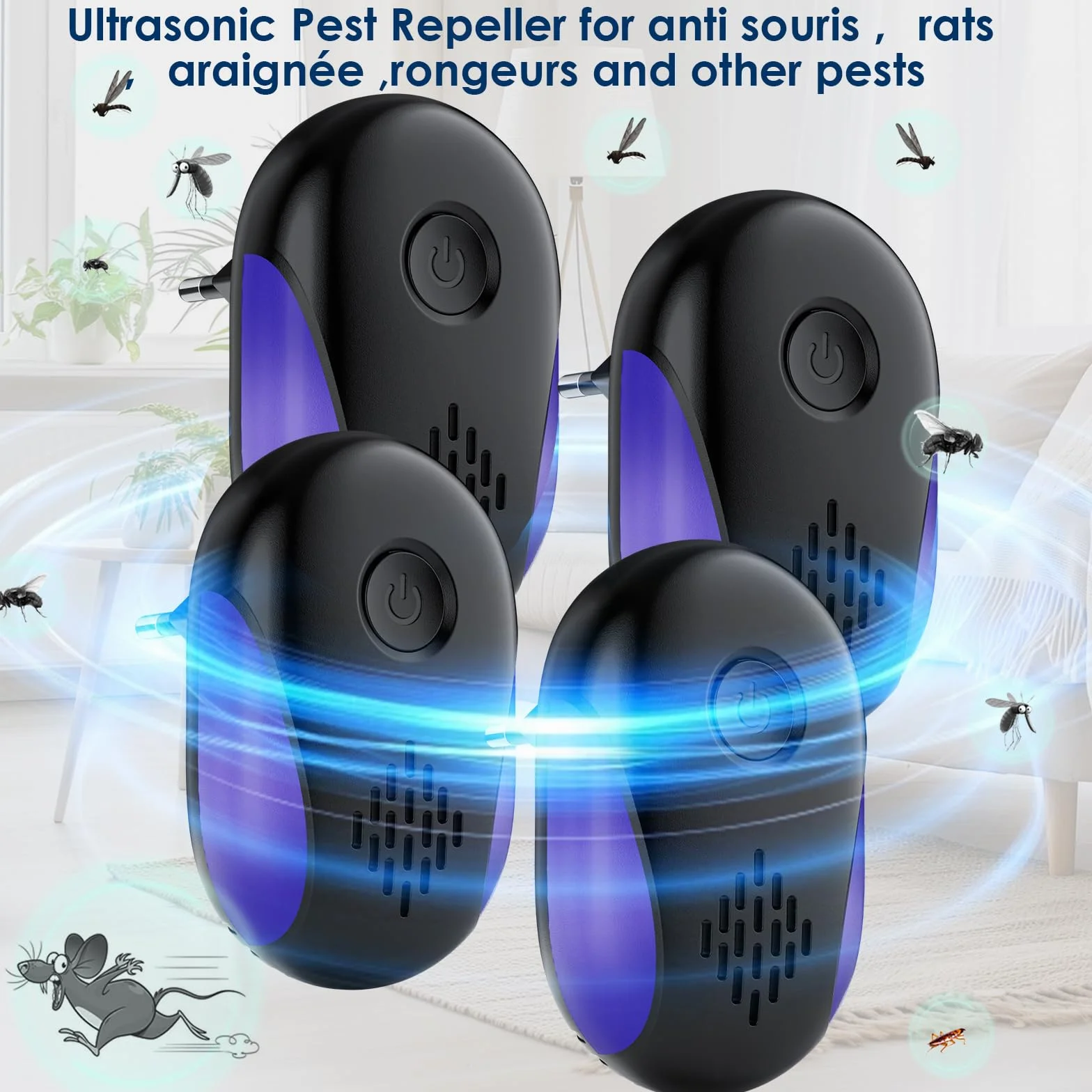 Répulsif Ultrason Souris et Rats 4 Pack, Puissant Ultrasonique Anti Nuisibles Rongeurs Araignée Noir