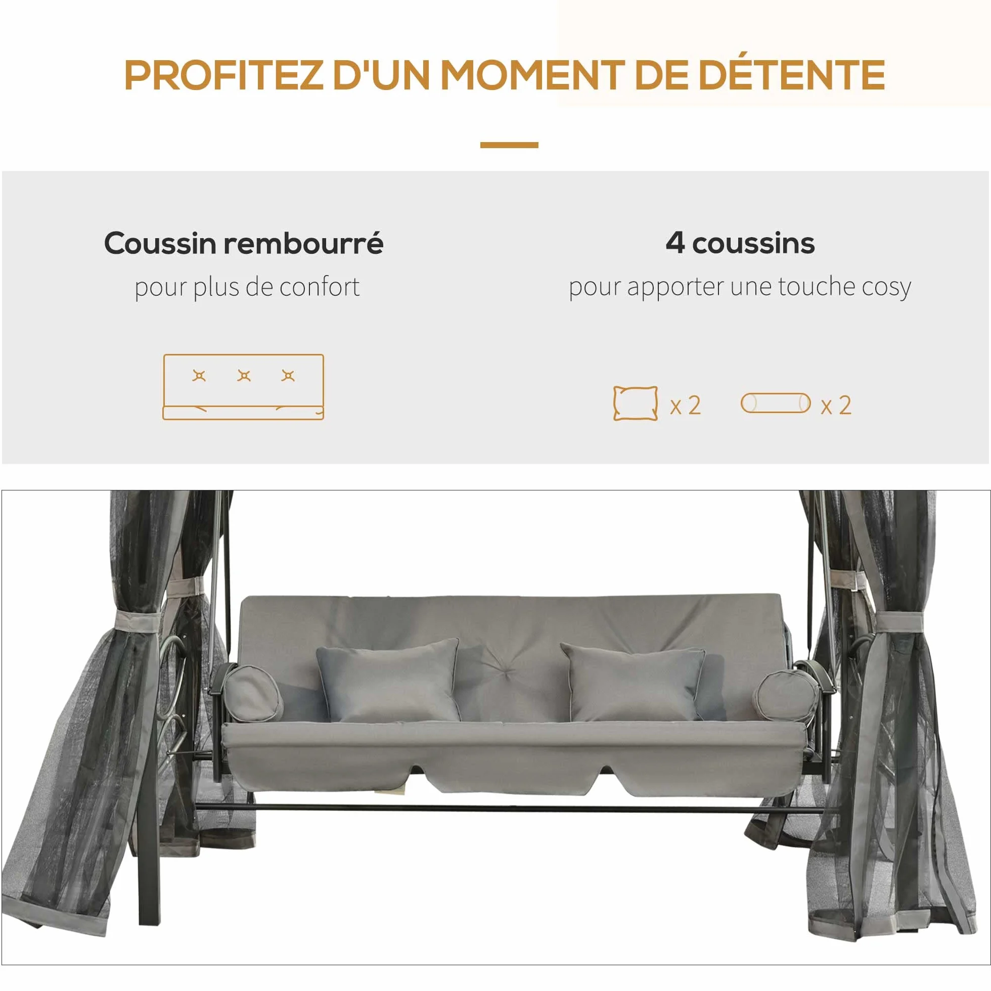 Outsunny Balancelle de Jardin 3 Places Convertible Colonial 5 Coussins + Matelas + Moustiquaire 2,56L x 1,72l x 2,48H Gris
