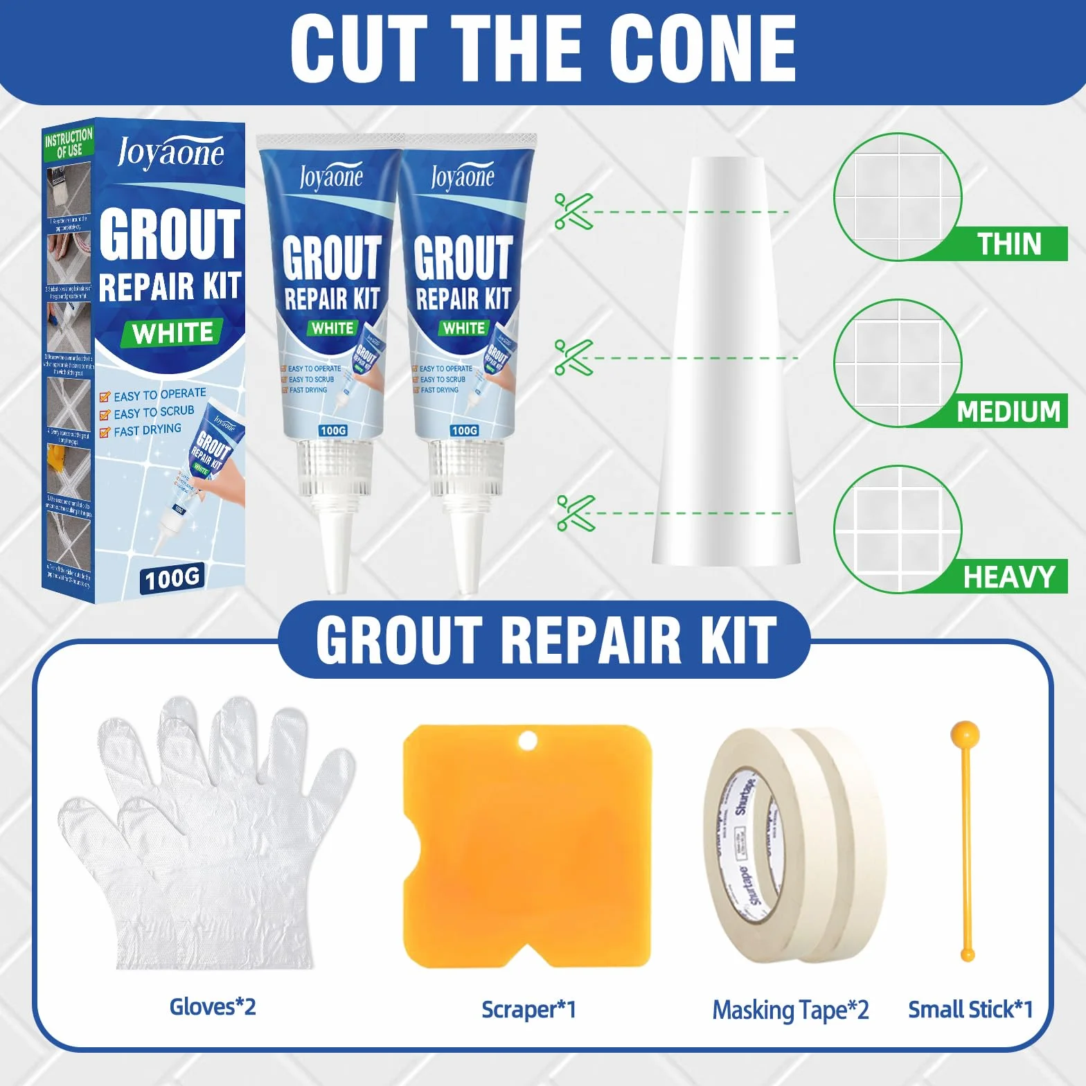 Kit de réparation de carrelage blanc à séchage rapide pour joints de salle de bain, douche, sols et murs (Blanc 100 g x 2)