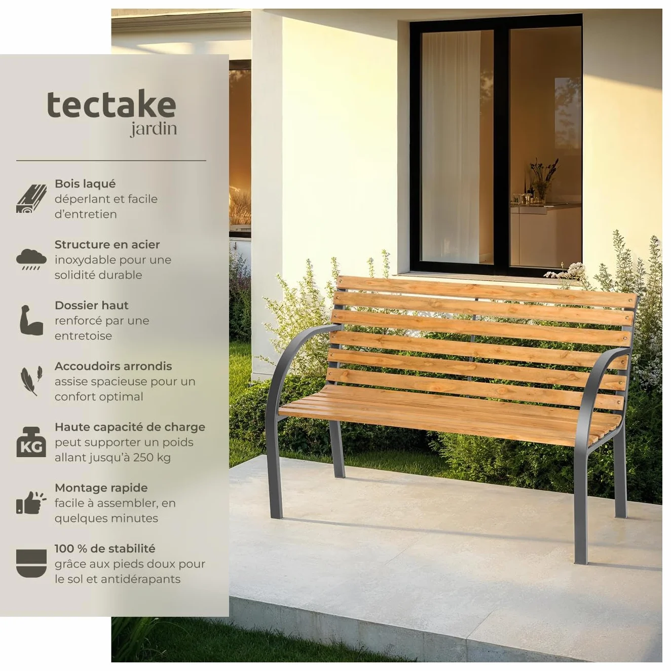 Tectake Banc de Jardin Solide en Bois Naturel laqué et Acier, Banquette de Jardin Noir Résistant aux intempéries