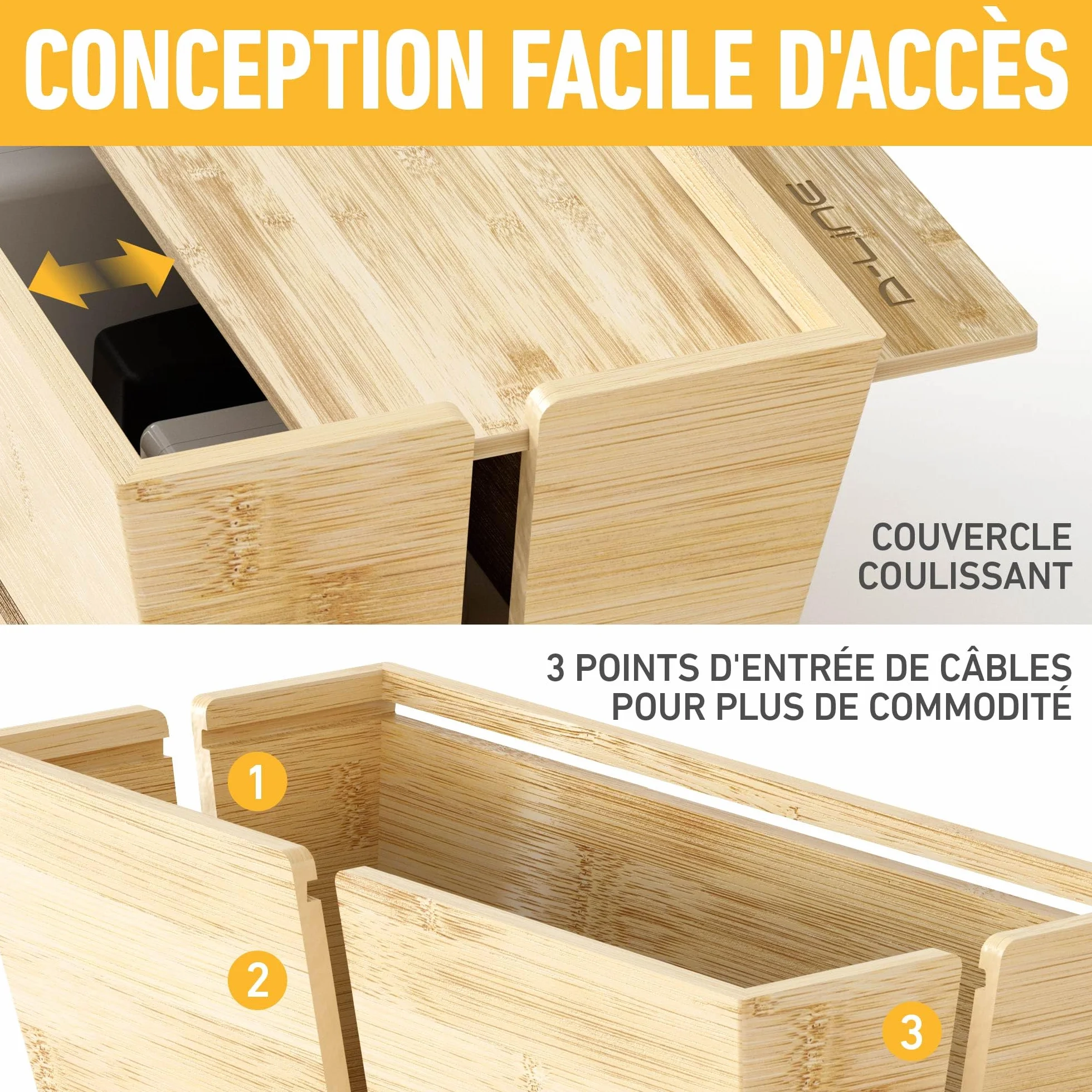 D-Line Boîte à Câbles en Bambou | Boîte de Rangement Naturelle pour Multiprises et Fils | Organiseur Écologique avec Couvercle Coulissant | Solution Élégante pour Cacher Les Câbles