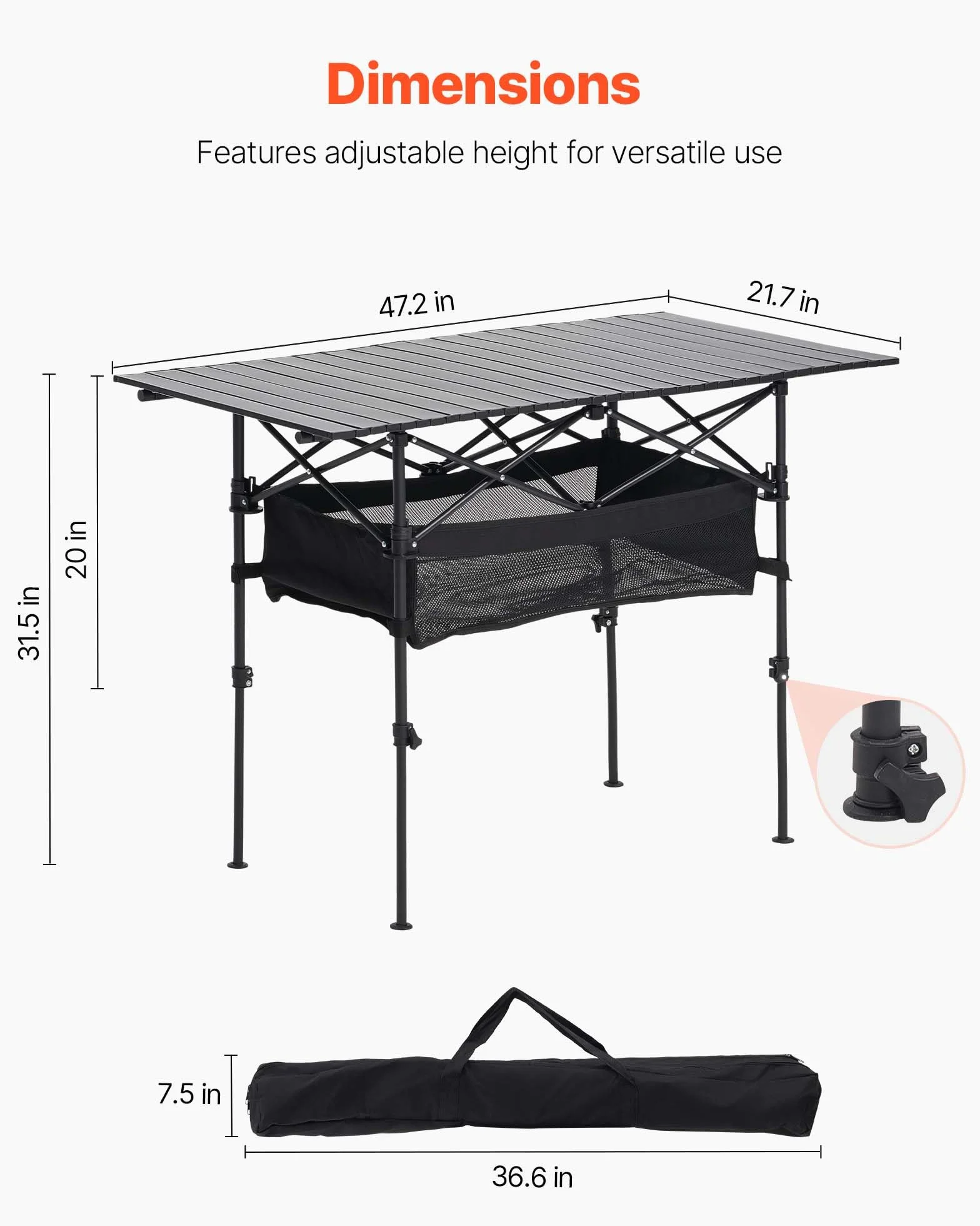 VEVOR Table de Camping Pliante 120x55 cm Aluminium Hauteur Réglable Noir