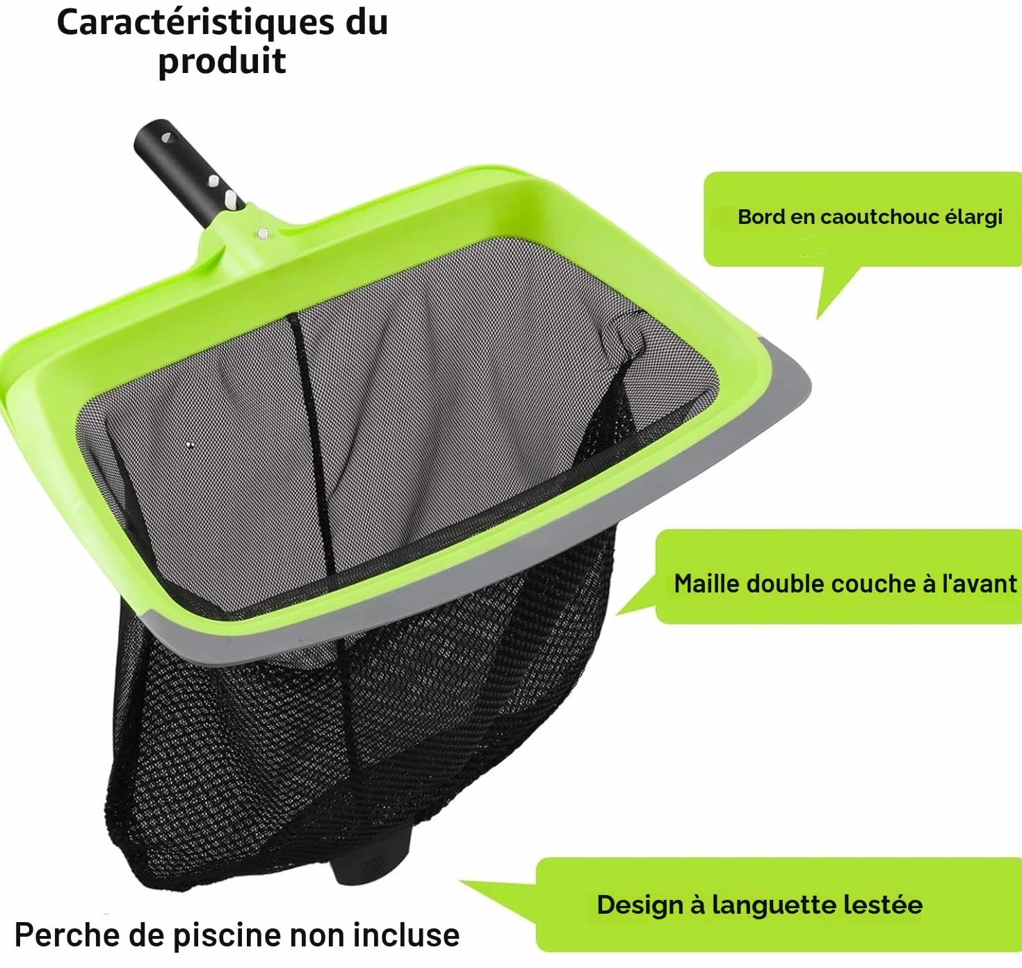Épuisette de fond de piscine - Lame en caoutchouc et cadre renforcé - Double couche