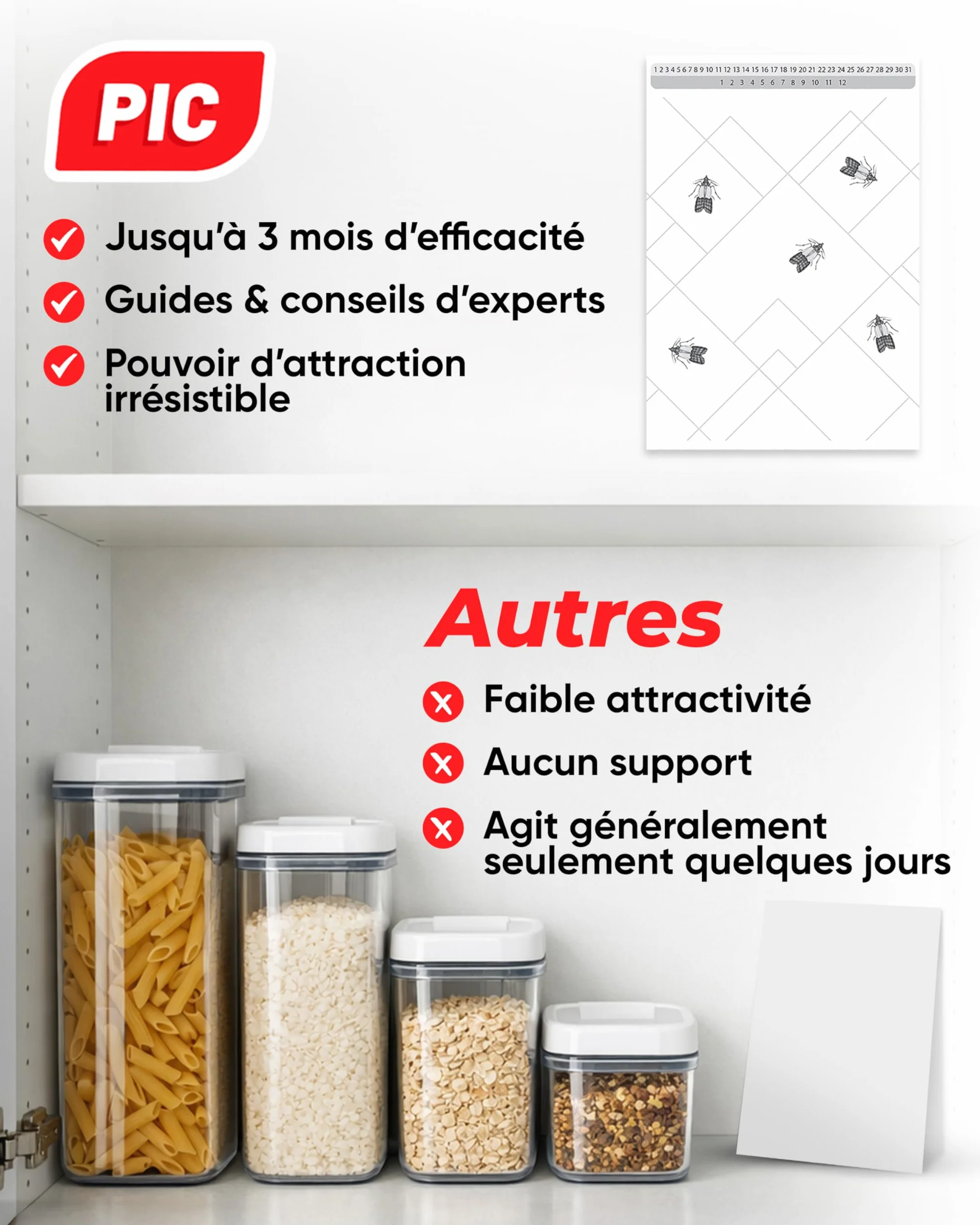 PIC Pièges à Mites Alimentaires 6 Pièges Anti Mites avec Phéromones pour Cuisine Placard Garde-Manger Protection 8 Semaines