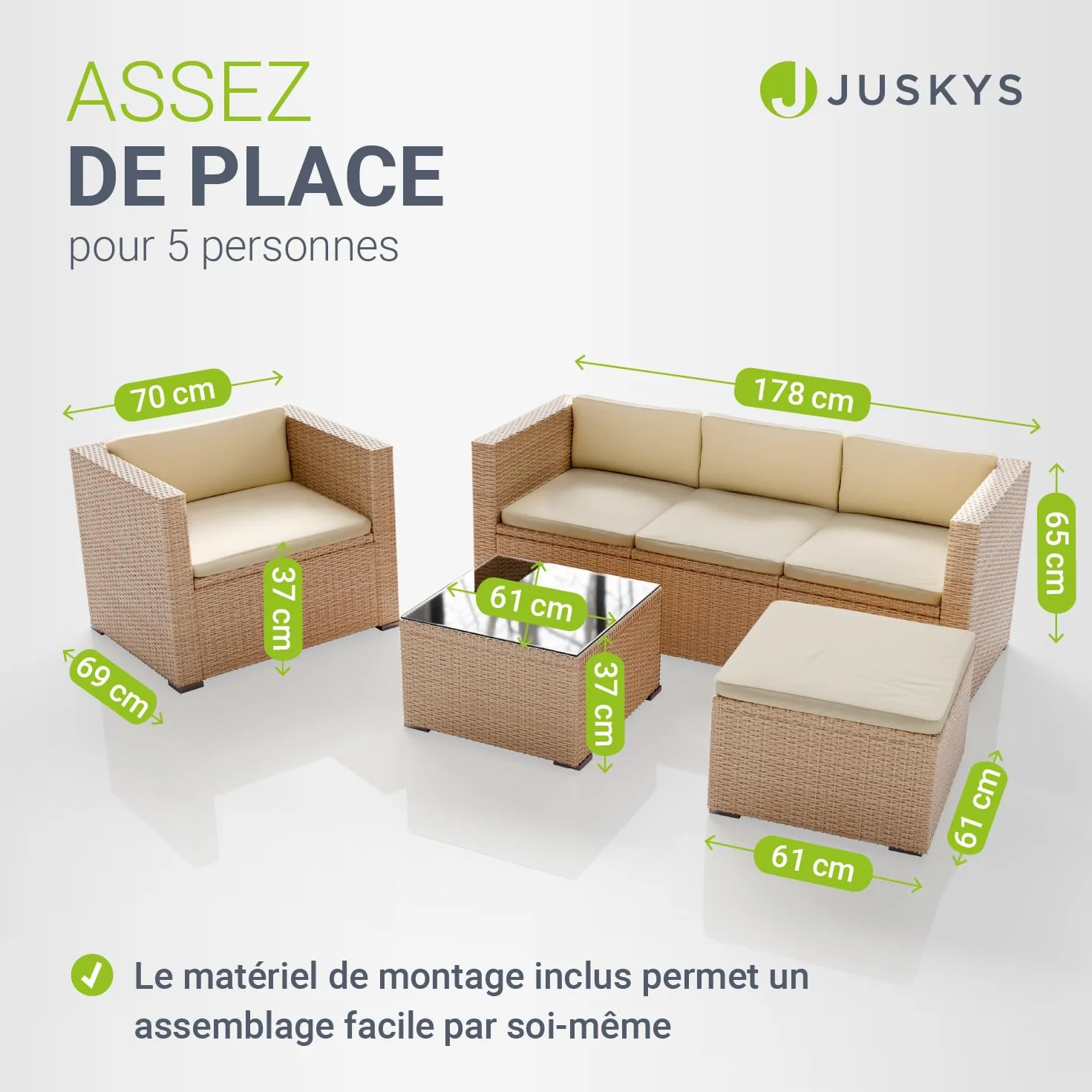 Juskys Salon de Jardin en polyrotin Lounge Punta Cana L résistant aux intempéries 4-5 Personnes Crème/Sable