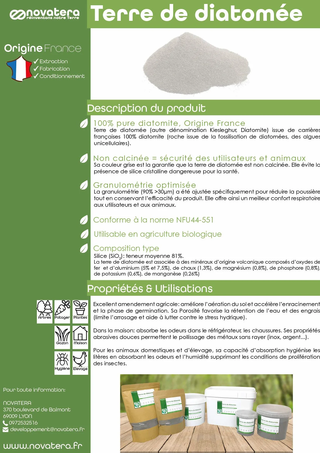 NOVATERA Terre de Diatomée 100% Naturelle Française Ultrapure Non Calcinée Ecocert 2,5kg