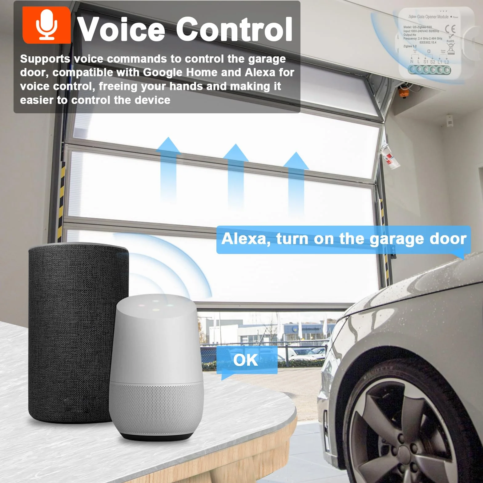 Jemora Ouvre-porte Tuya ZigBee, ouvre-porte de garage intelligent, contrôleur de téléphone portable, contrôle à distance par application, compatible avec Home pour la commande vocale