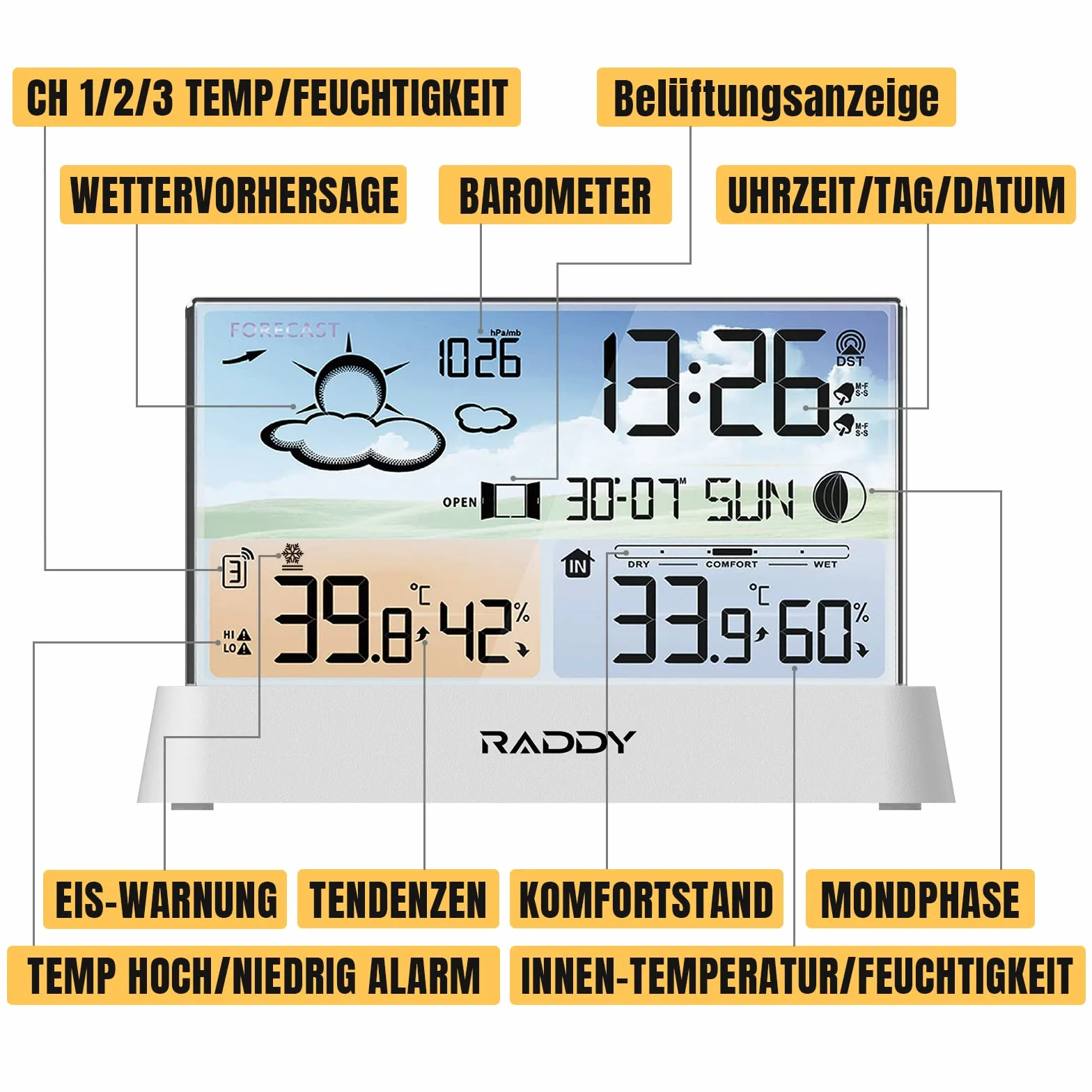 Raddy DT6 Station météo sans fil avec horloge radio-pilotée DCF, écran couleur numérique, thermomètre hygromètre, prévisions météo et baromètre