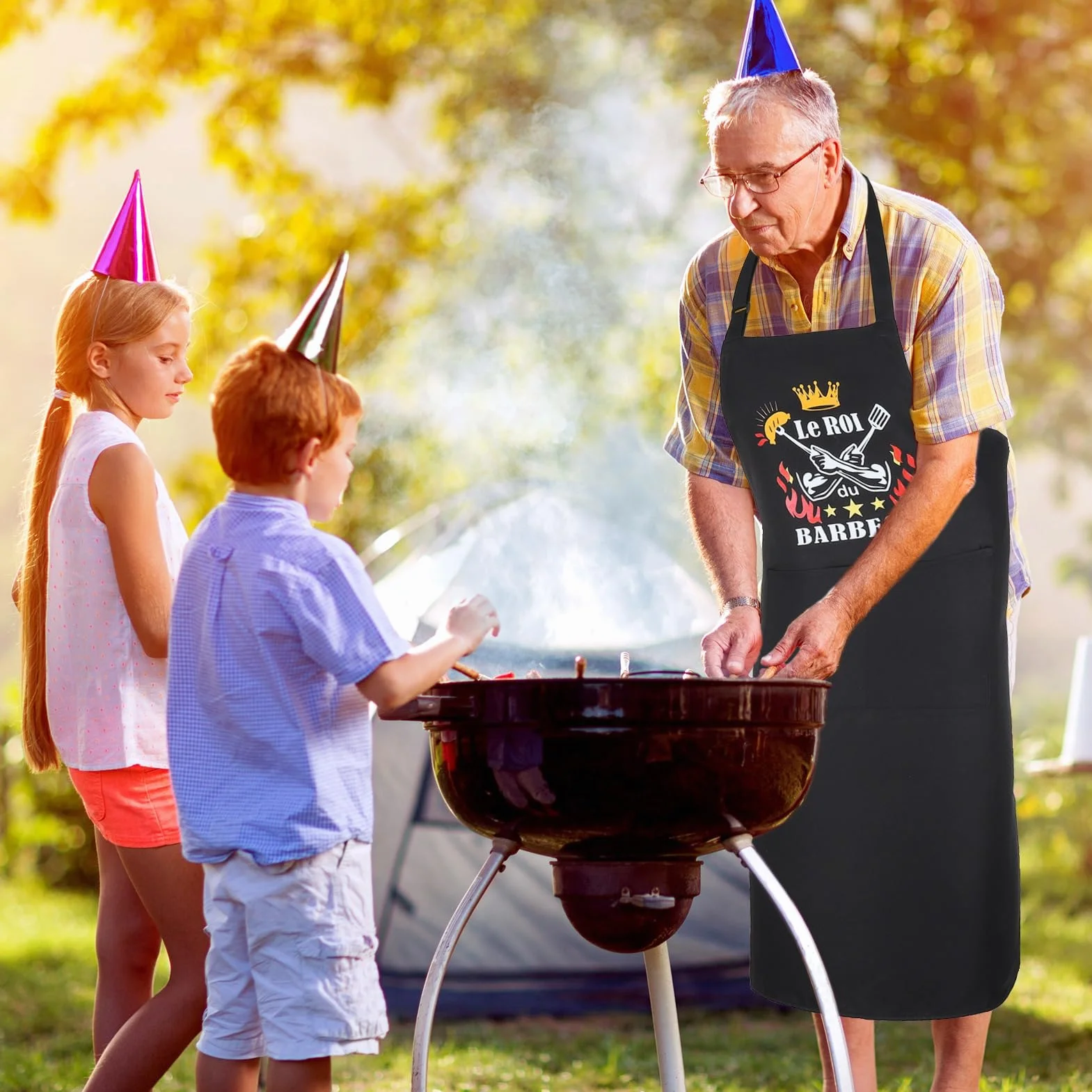 Tablier Barbecue Homme Noir Étanche Réglable pour Cuisine BBQ Fête Pères Anniversaire