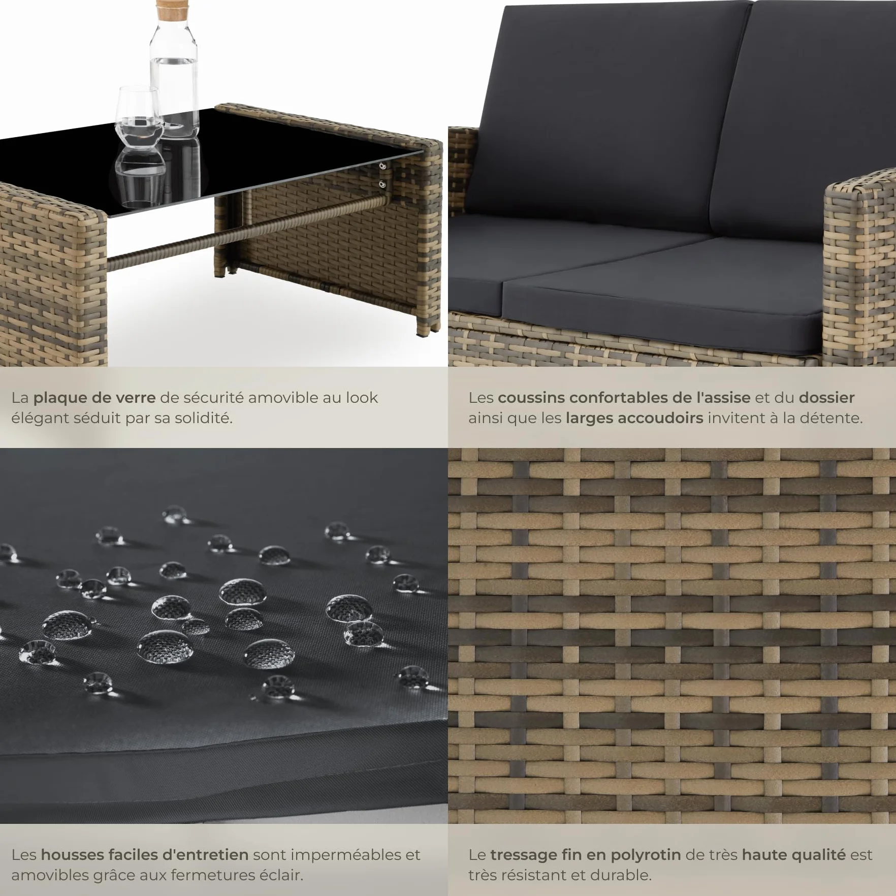 Tectake Salon de Jardin Résine tressée 4 Places Table Canapé 2 Fauteuils Coussins Inclus Marron Naturel Gris foncé