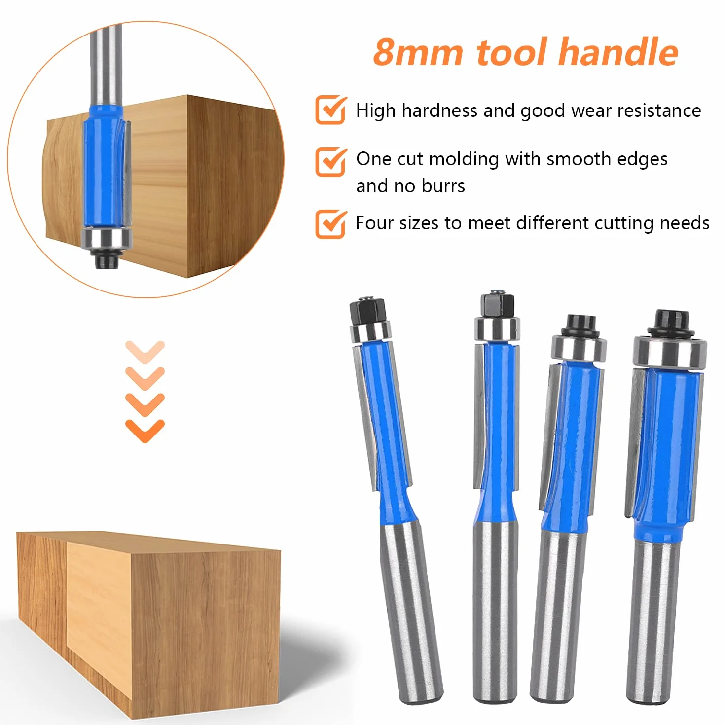 4 Pcs Set Fraise Defonceuse 8mm Tige, Fraise a Copier a Bois, Fraises pour Défonceuses avec Roulement Supérieur, Fraise pour Affleurer, pour Menuiserie Bricolage de Coupe (4)