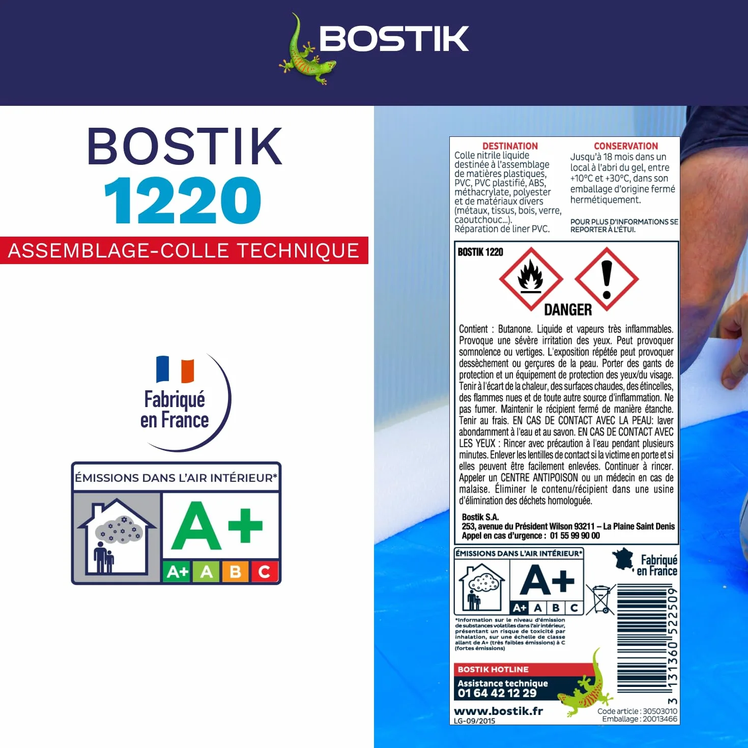 Bostik - Colle Contact Nitrile Liquide 1220 - Multi-Usages - Idéale Pour Liner PVC - Transparente - Pot de 1L