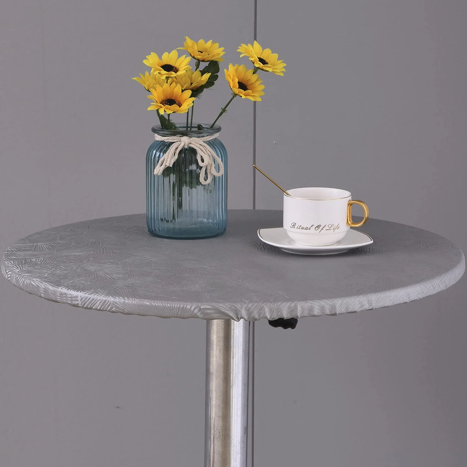 Nappe ronde en vinyle MINGPINHUIUS avec bords élastiques, imperméable, résistante à l'huile, lavable, motif plantes, gris, 60 cm
