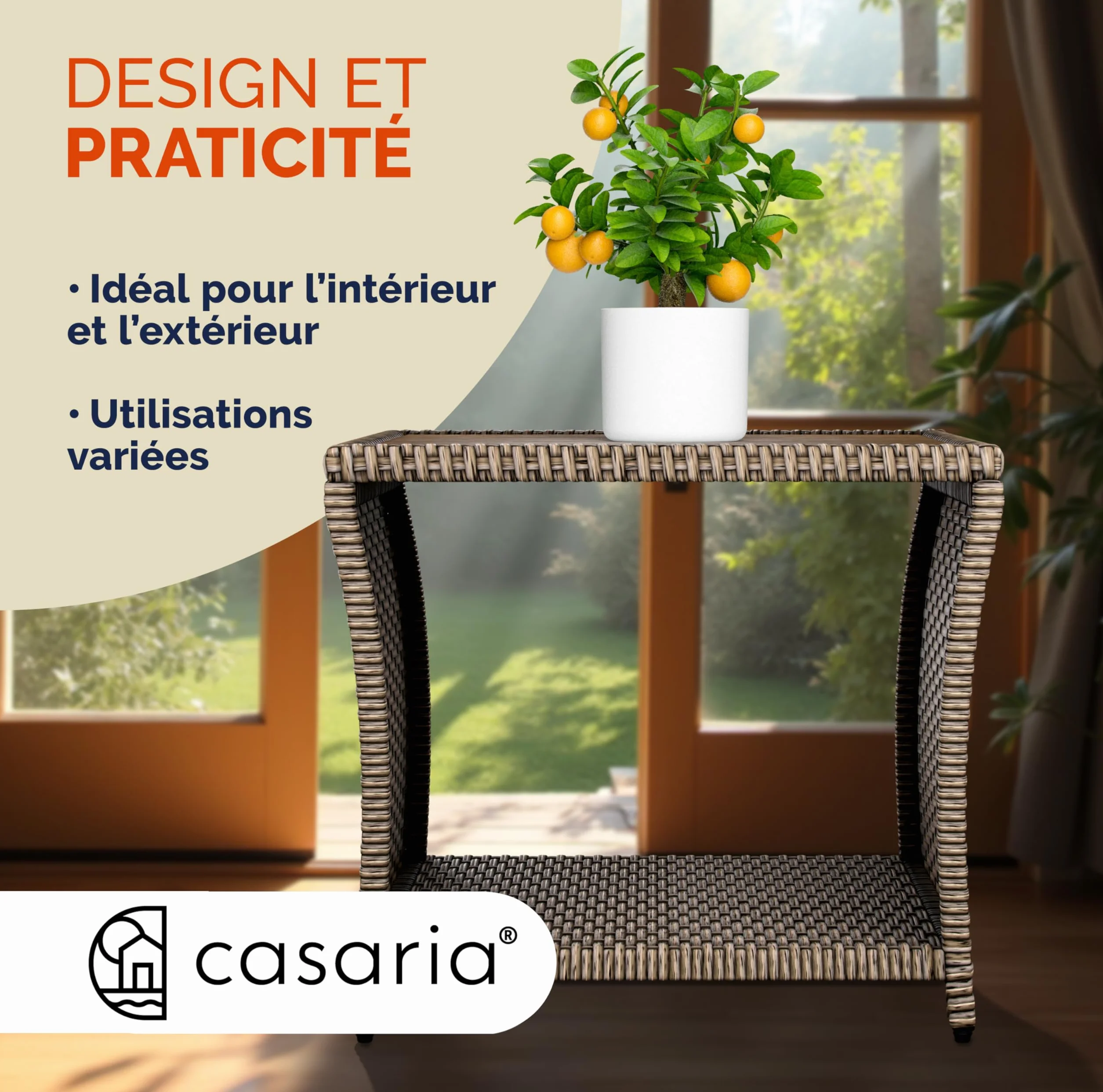Casaria® Table d'appoint en polyrotin 45x45x40cm crème Plateau en Bois d'acacia Petite Table Basse Jardin Balcon