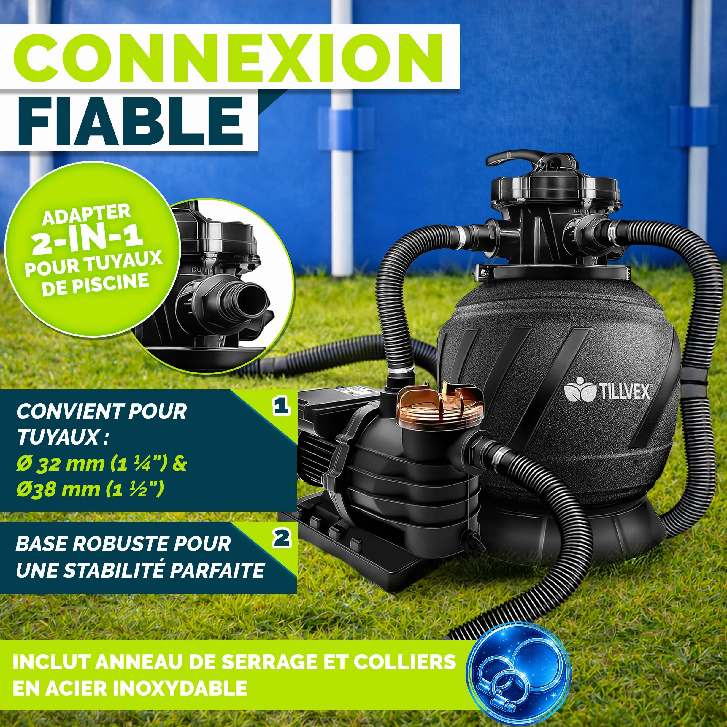Tillvex Système de Filtre à Sable 10m³/h 800g Boules de Filtre 7 Fonctions Filtre de Piscine avec Indicateur de Pression AquaBlack Pro