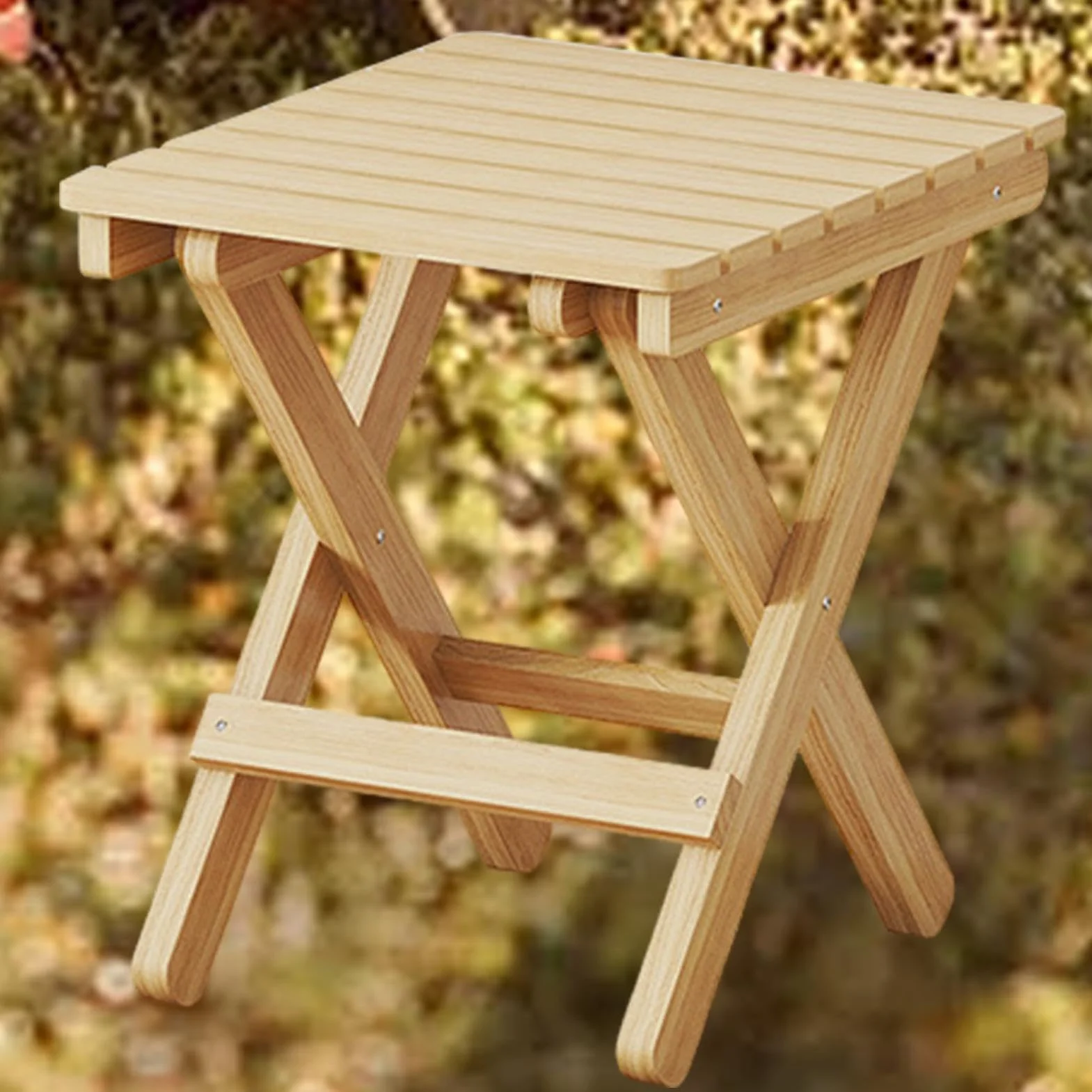 Tabouret pliant en bois naturel - Table d'appoint de jardin pliable