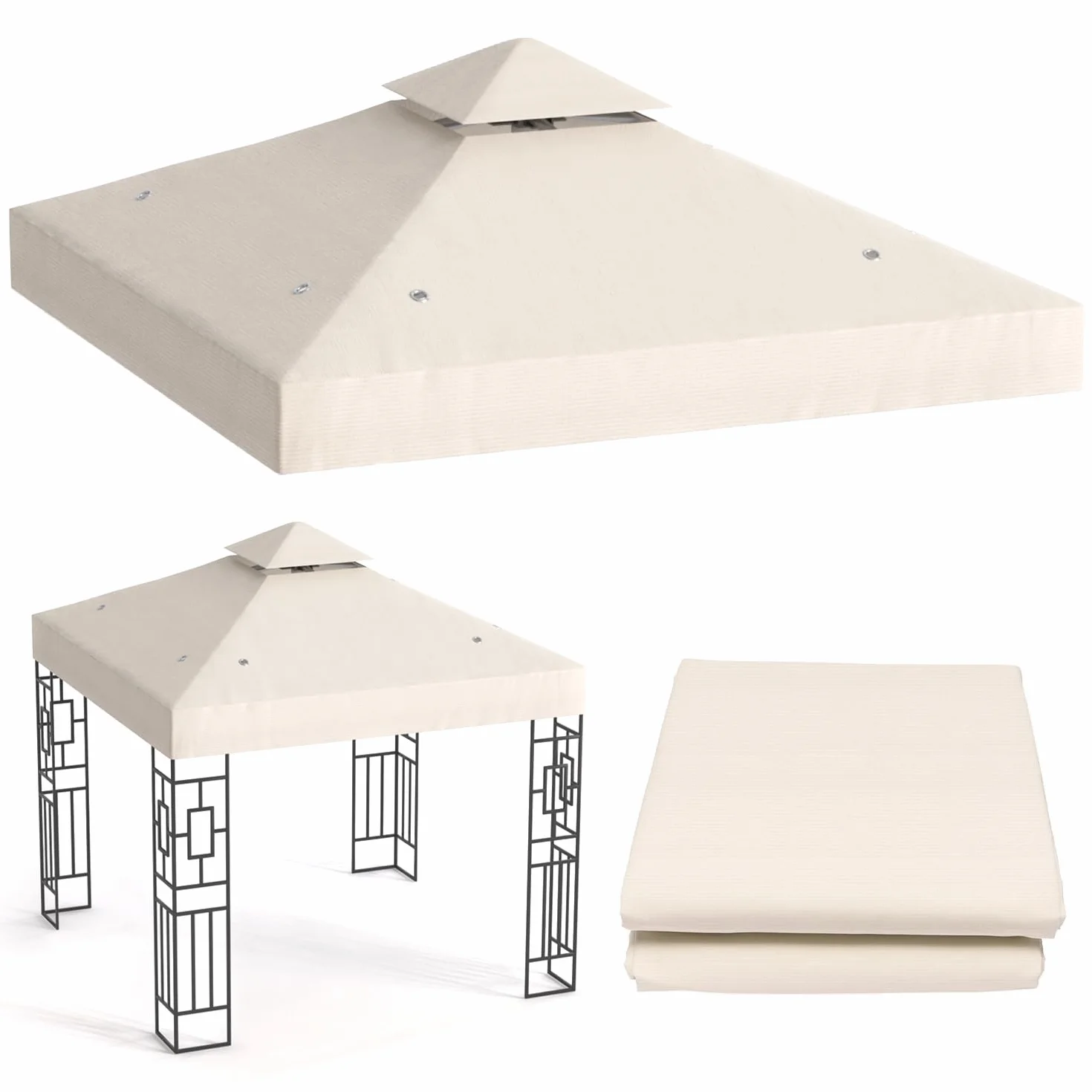 Toile de Toit de Rechange pour Pavillon Tonnelle Tente 3x3 m Double Étage Canvas 250g/m² Imperméable Beige