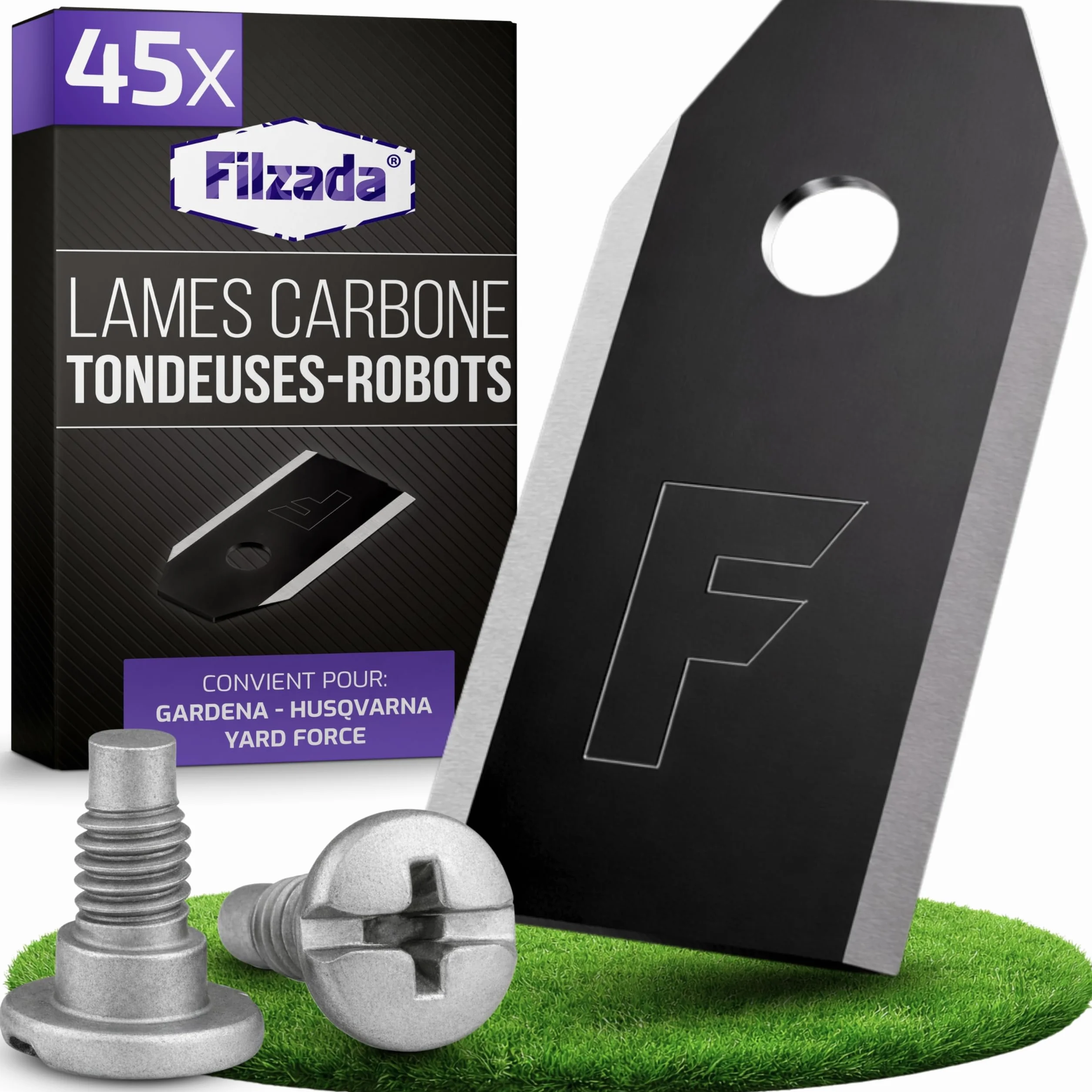 Lames de Tondeuses Robots Carbone Filzada 45x Compatible Husqvarna Automower Gardena Sileno Yard Force