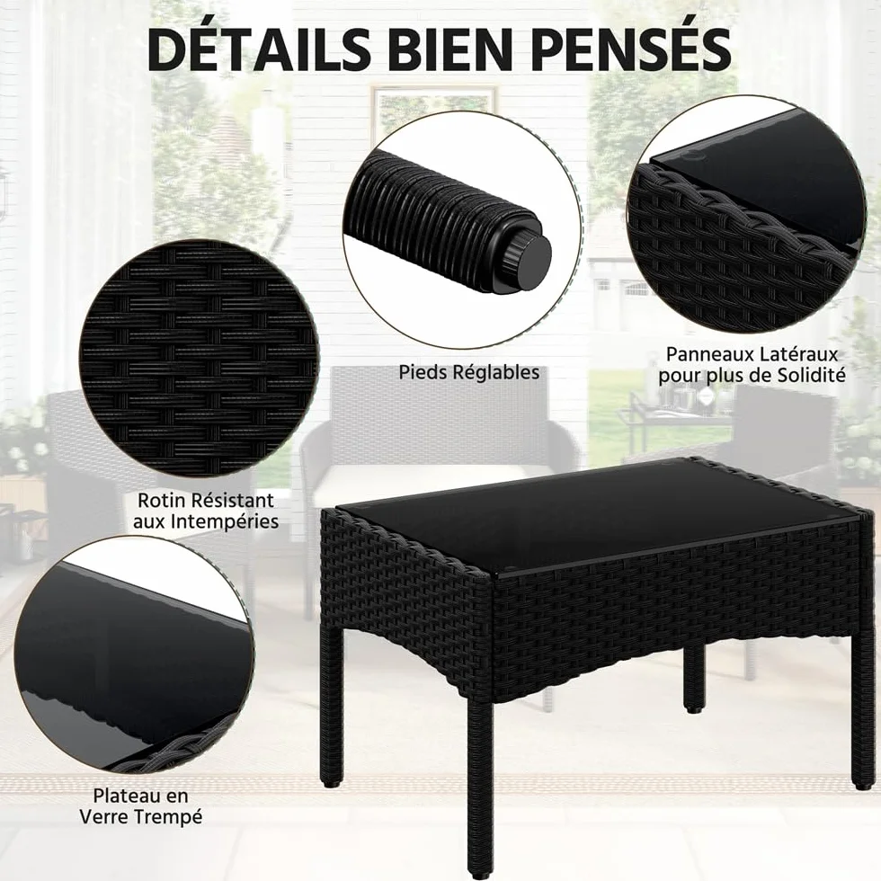 Yaheetech Salon de Jardin 4 Personnes Polyrotin Métal Mobilier d'extérieur 4 Pièces avec Coussin Canapé 2 Places 2 Fauteuils 1 Table Basse Noir/Beige