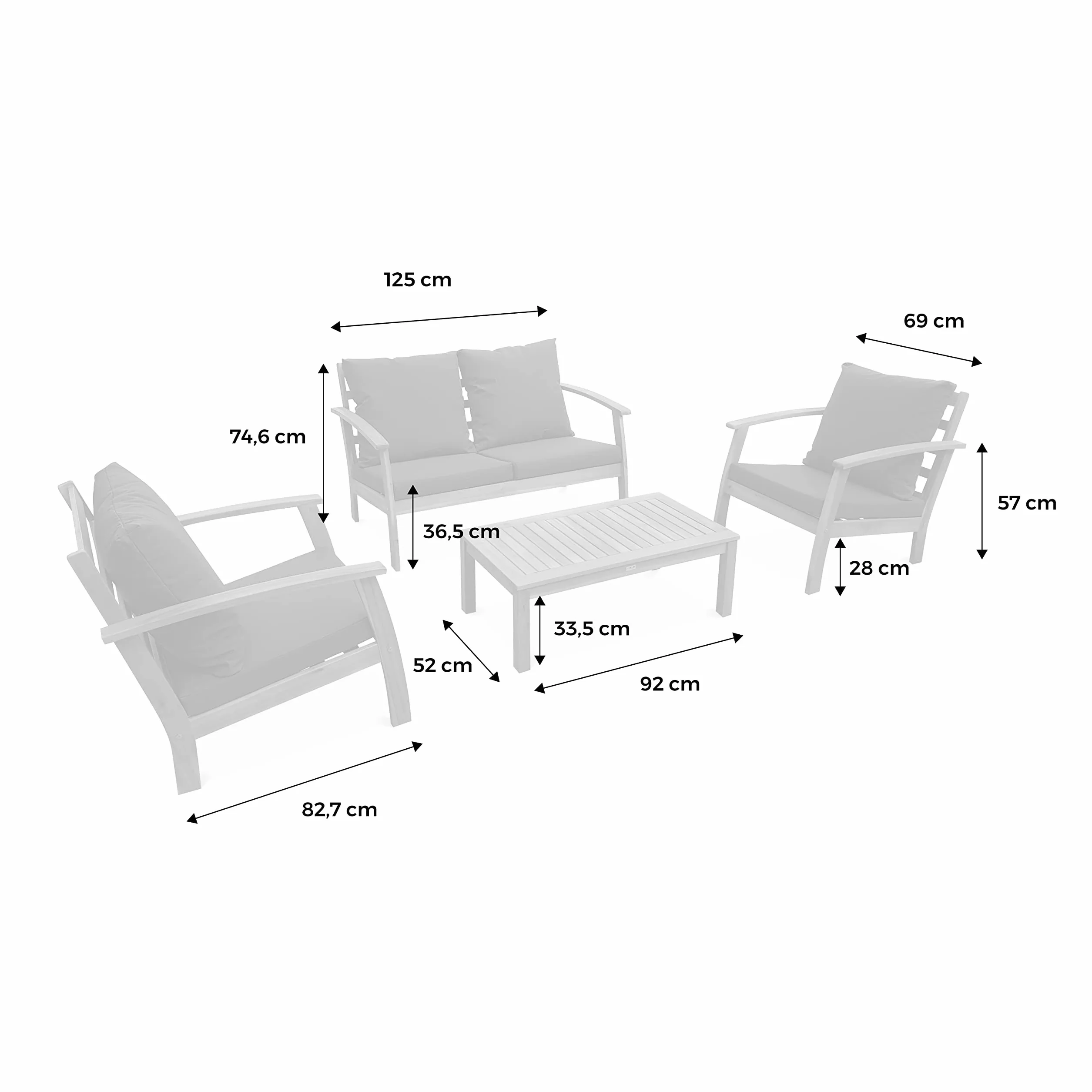 Alice's Garden Salon de Jardin en Bois 4 Places Ushuaïa Coussins Vert de Gris Table Basse Acacia Design